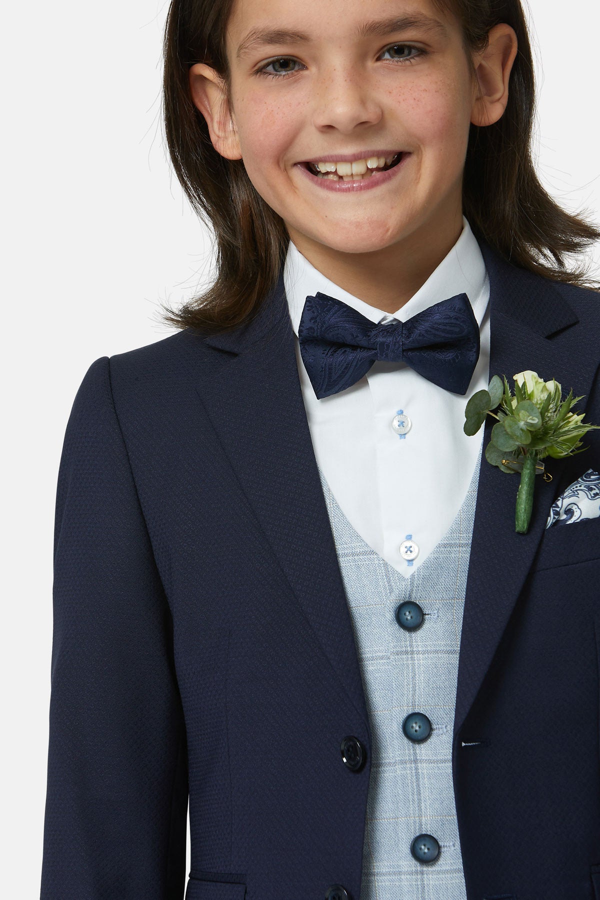 Benetti Boyswear Boys Andrew Sky Check Waistcoat Sky model front view