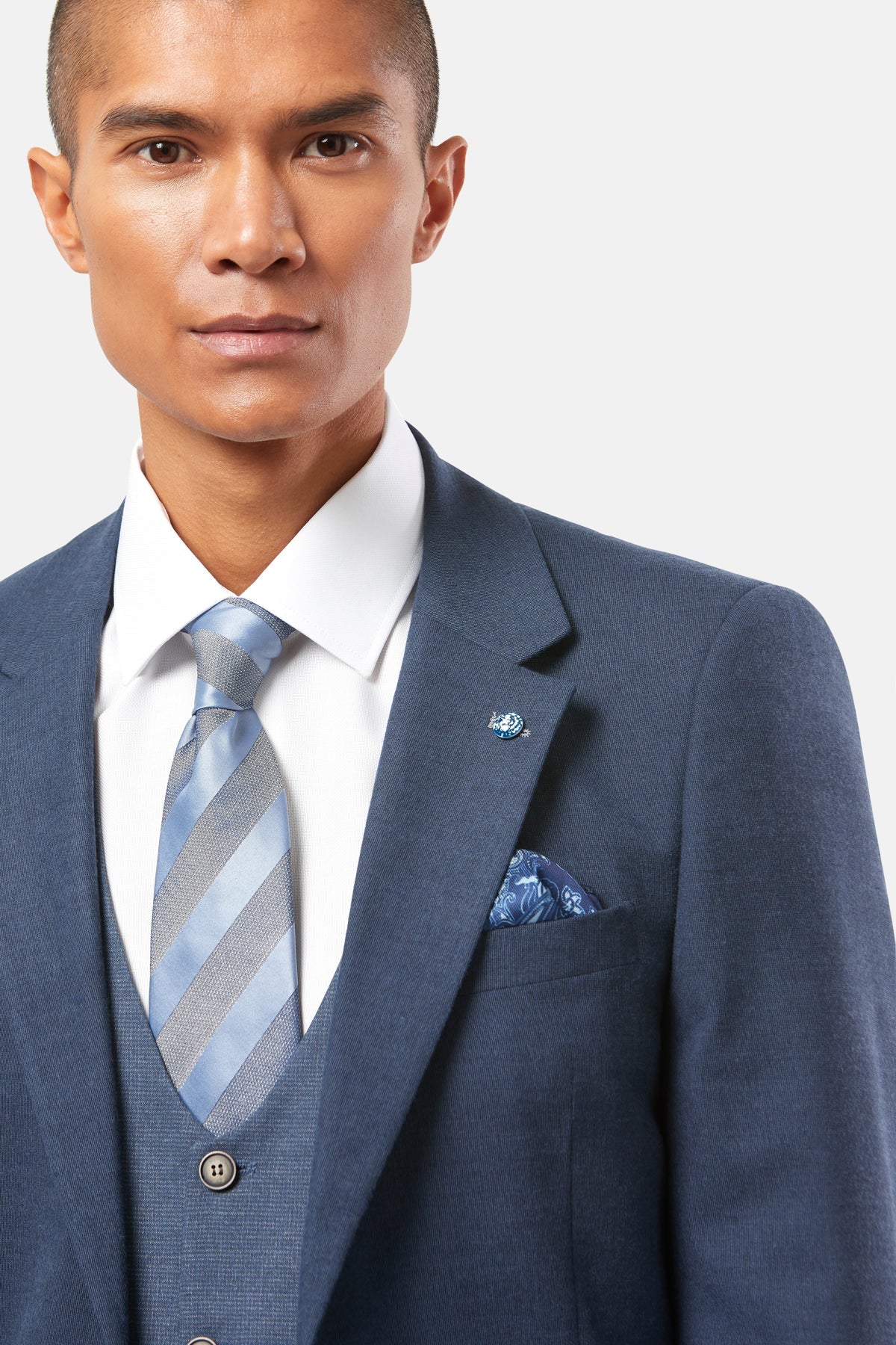 Ronnie 3 Piece Tapered Fit Indigo Suit-Lapel detail view