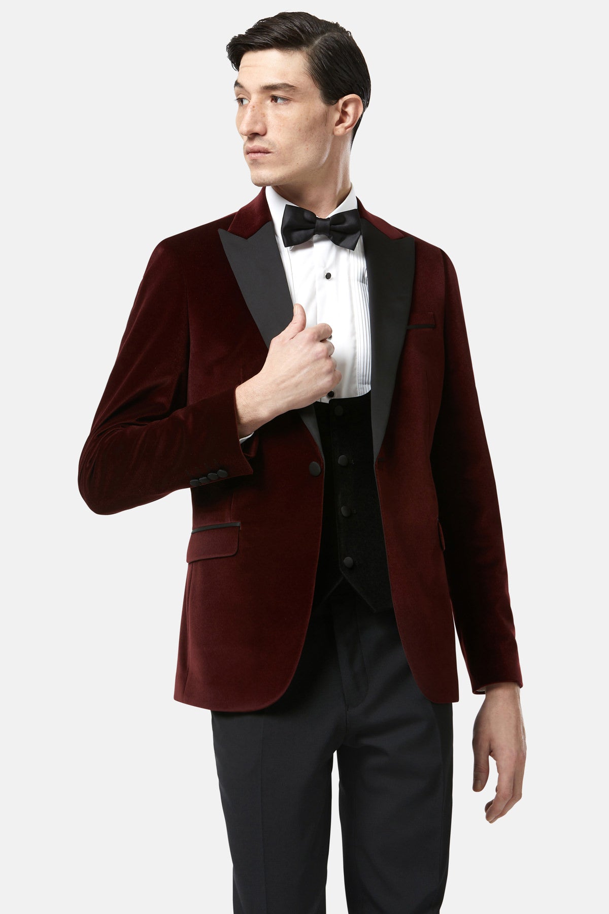 BENETTI Jasper Burgundy Velvet Tapered Jacket Burgundy flat front view