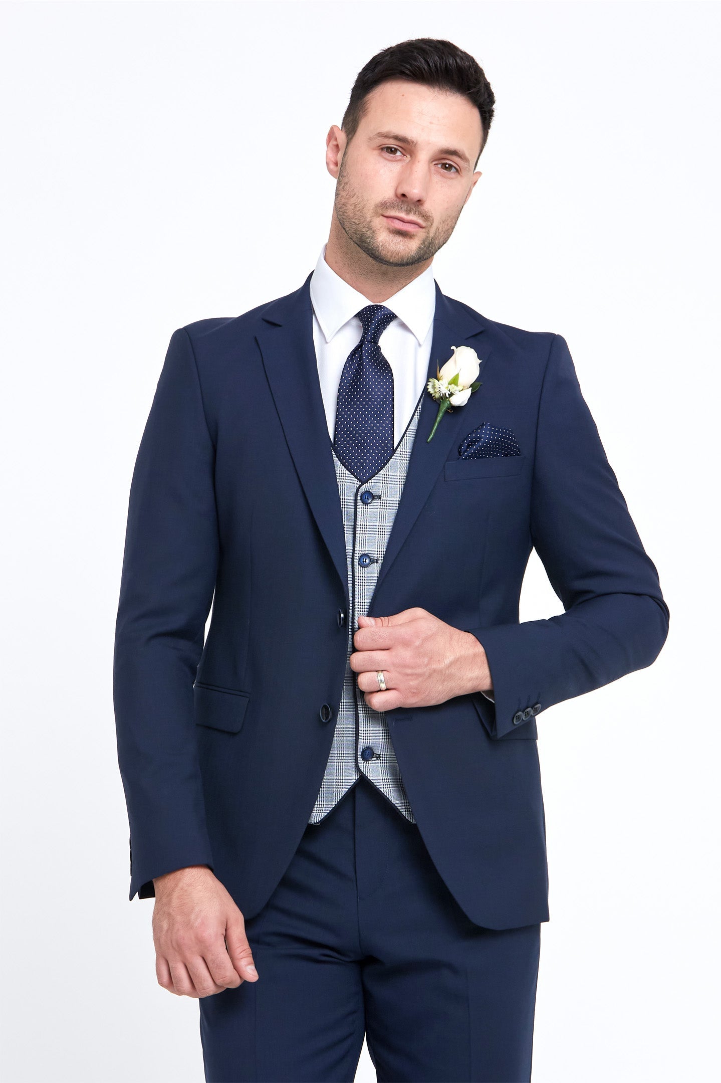 Raymond Navy Check Comfort Fit Wedding Waistcoat-With Jacket
