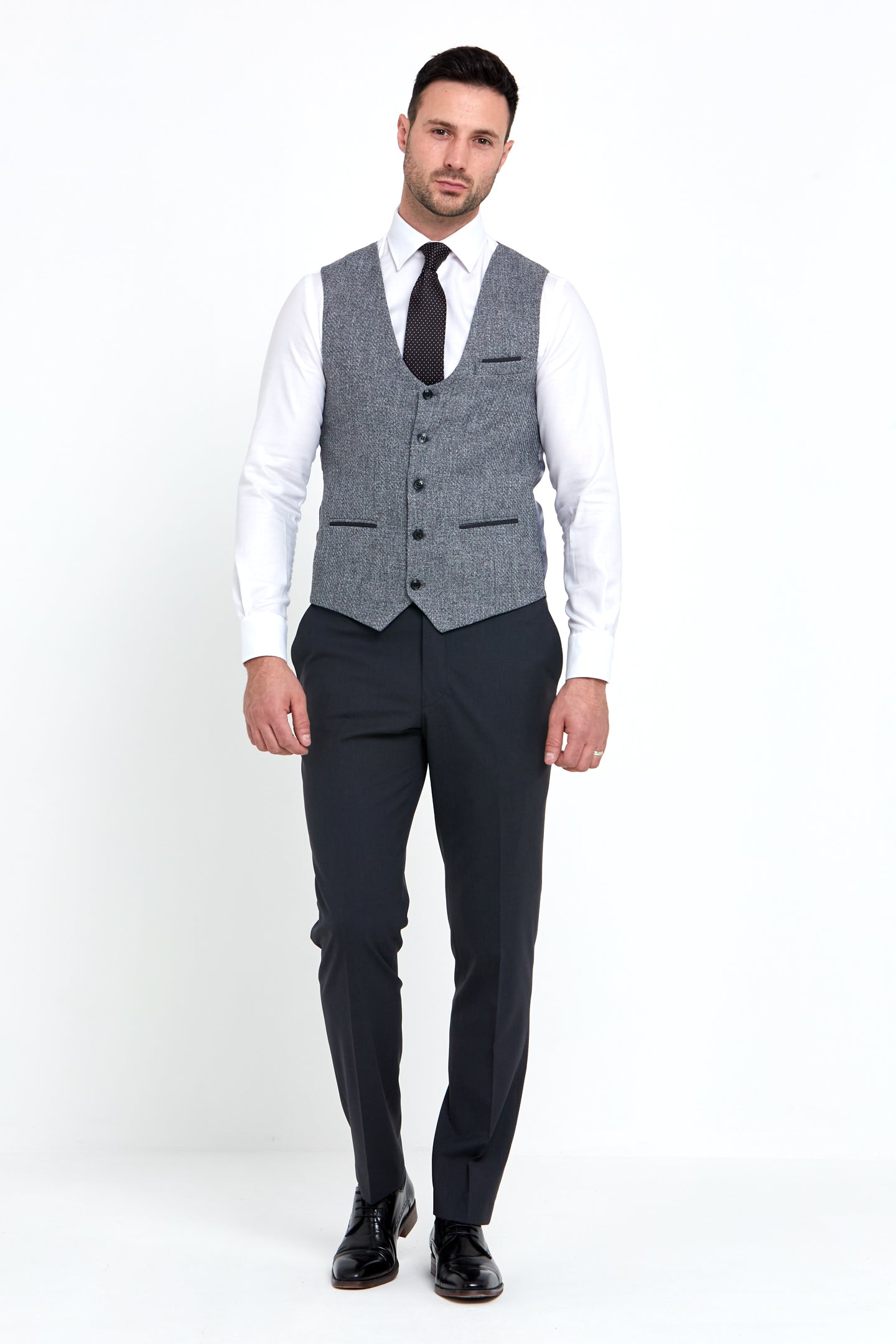 Simon Comfort Fit Charcoal Waistcoat-Full Model View