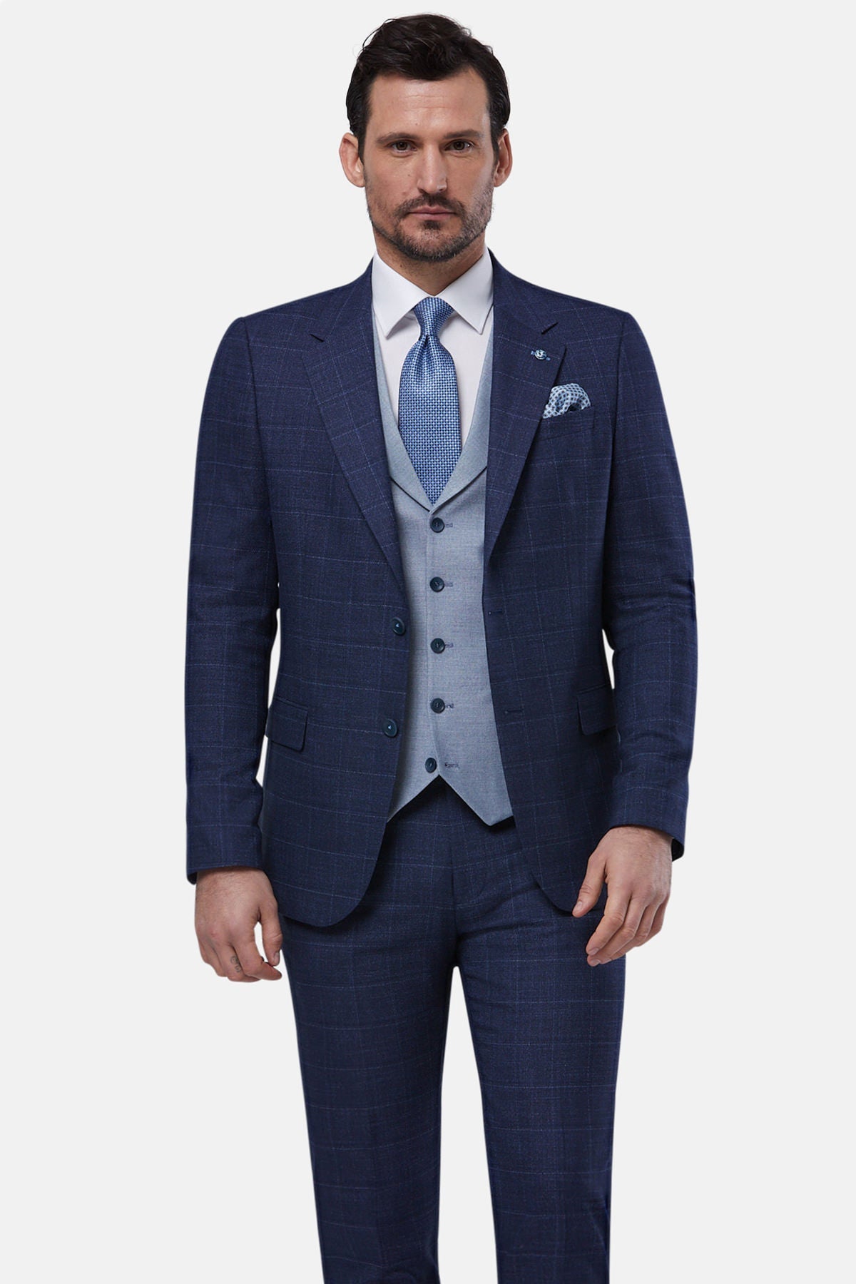 Mens Oslo Indigo 3 Piece Suit-Close Up Of Front View