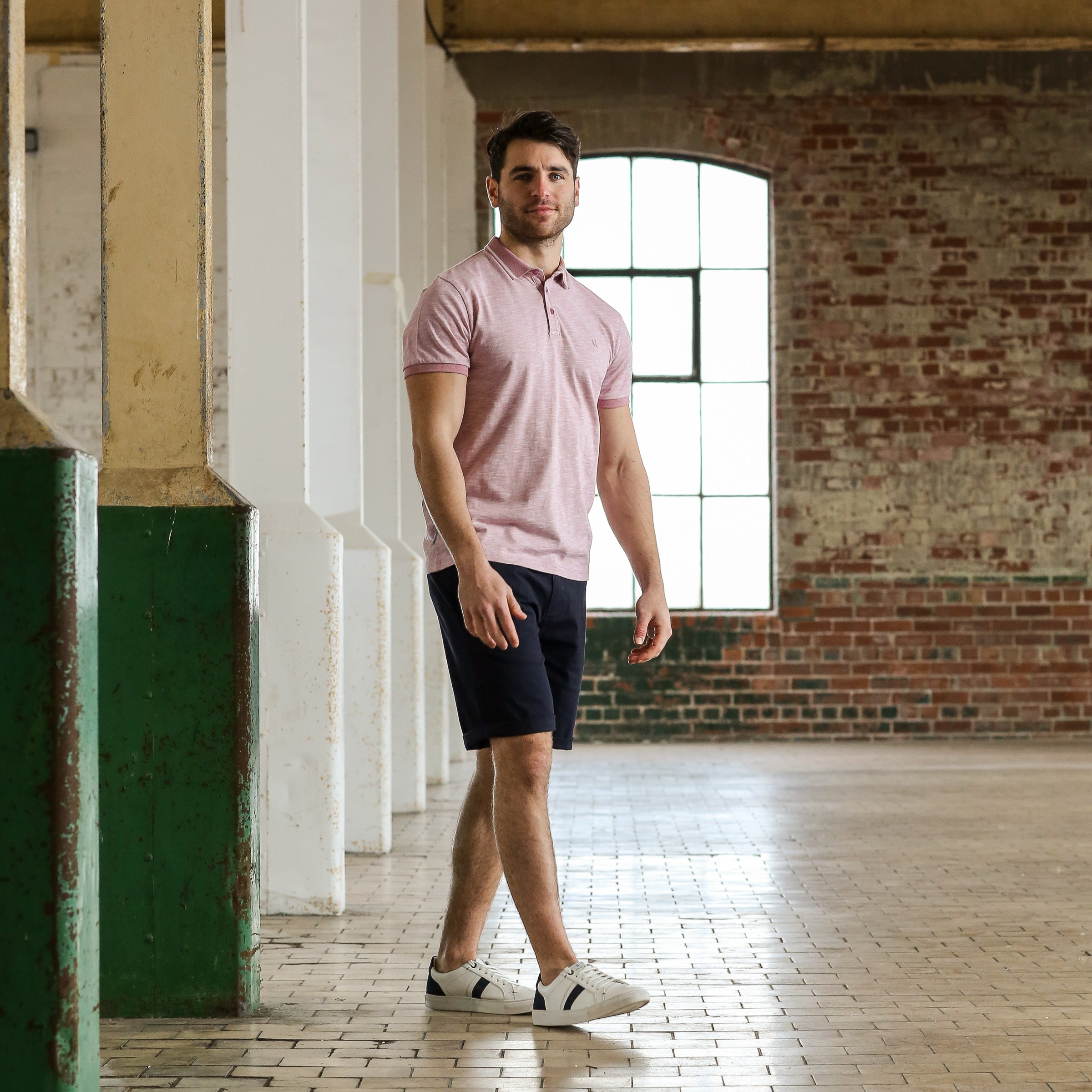 Men's Connor Short Sleeve Pink Polo Shirt-Full Model Front View