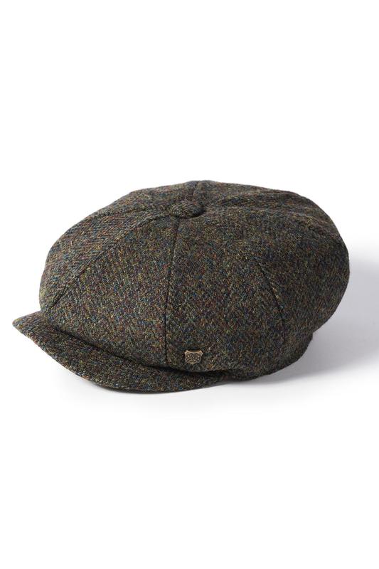 FAILSWORTH Carloway Harris Tweed 8 Piece Green Flat Cap Green front view