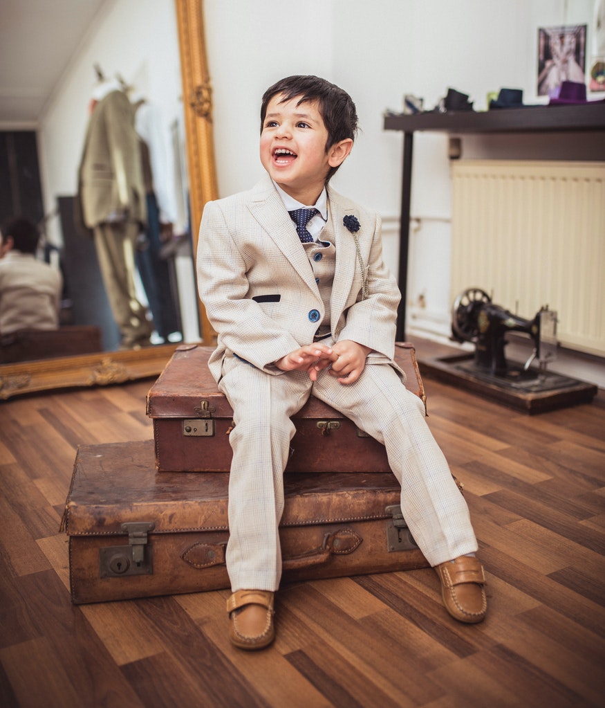 Front creative view of Caridi cream boys 3 piece suit