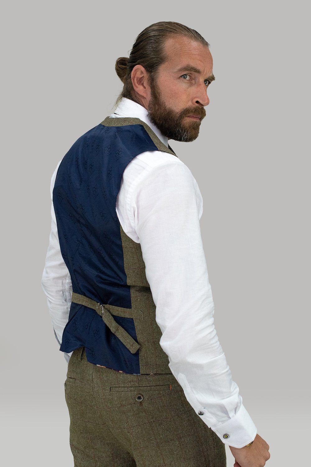 House of Cavani Gaston Sage Tweed Waistcoat Sage model front view