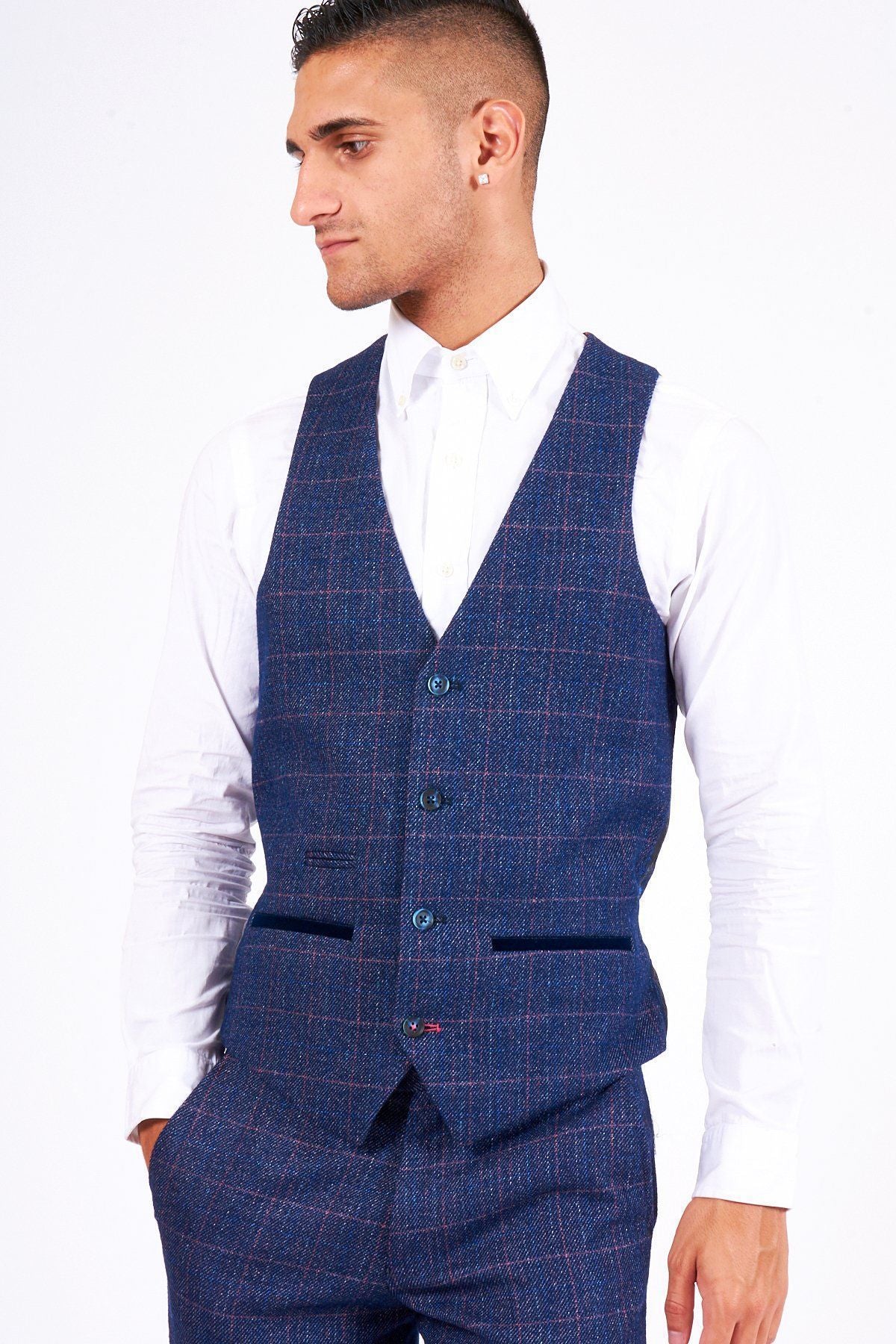MARC DARCY Harry Indigo Tweed Check Waistcoat Indigo model front view