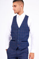 MARC DARCY Harry Indigo Tweed Check Waistcoat Indigo model front view