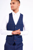 MARC DARCY Harry Indigo Tweed Check Waistcoat Indigo front view