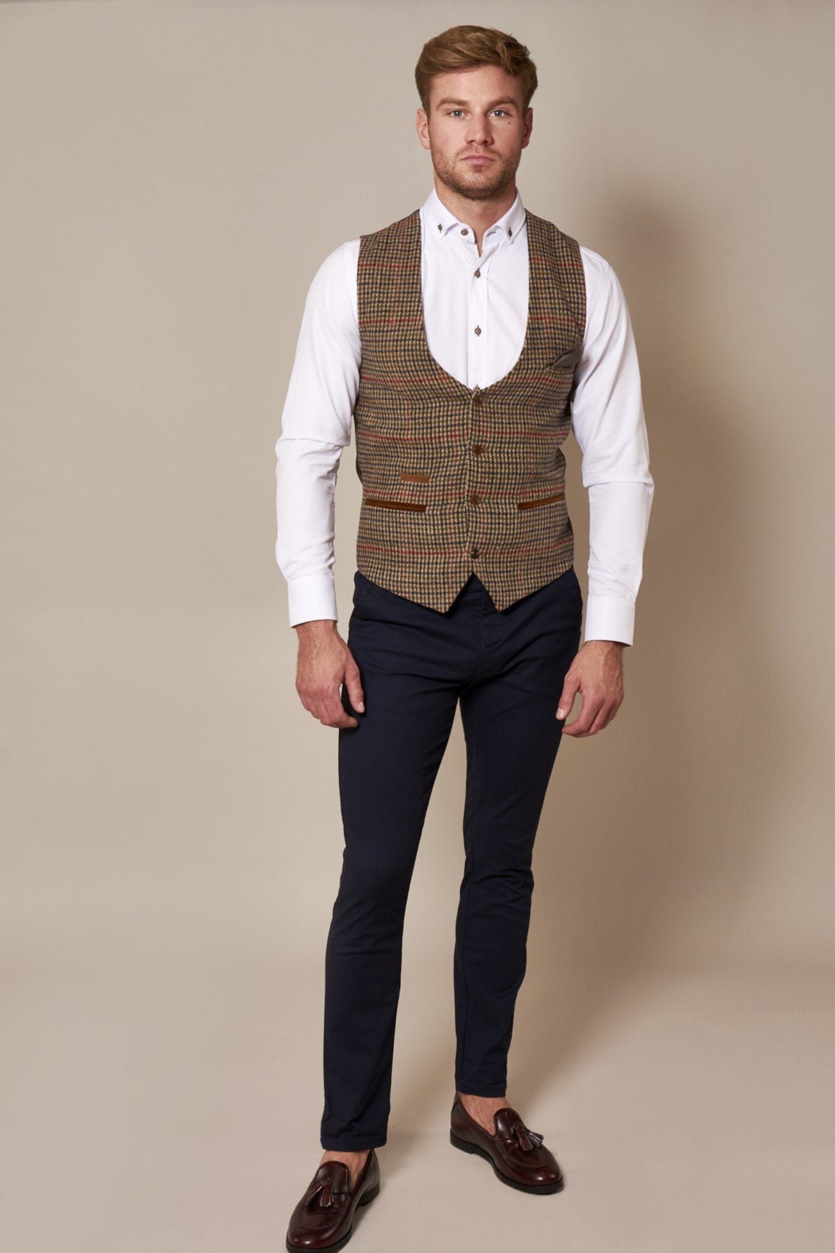 Edward Olive Green Check Tweed Waistcoat - Spirit Clothing