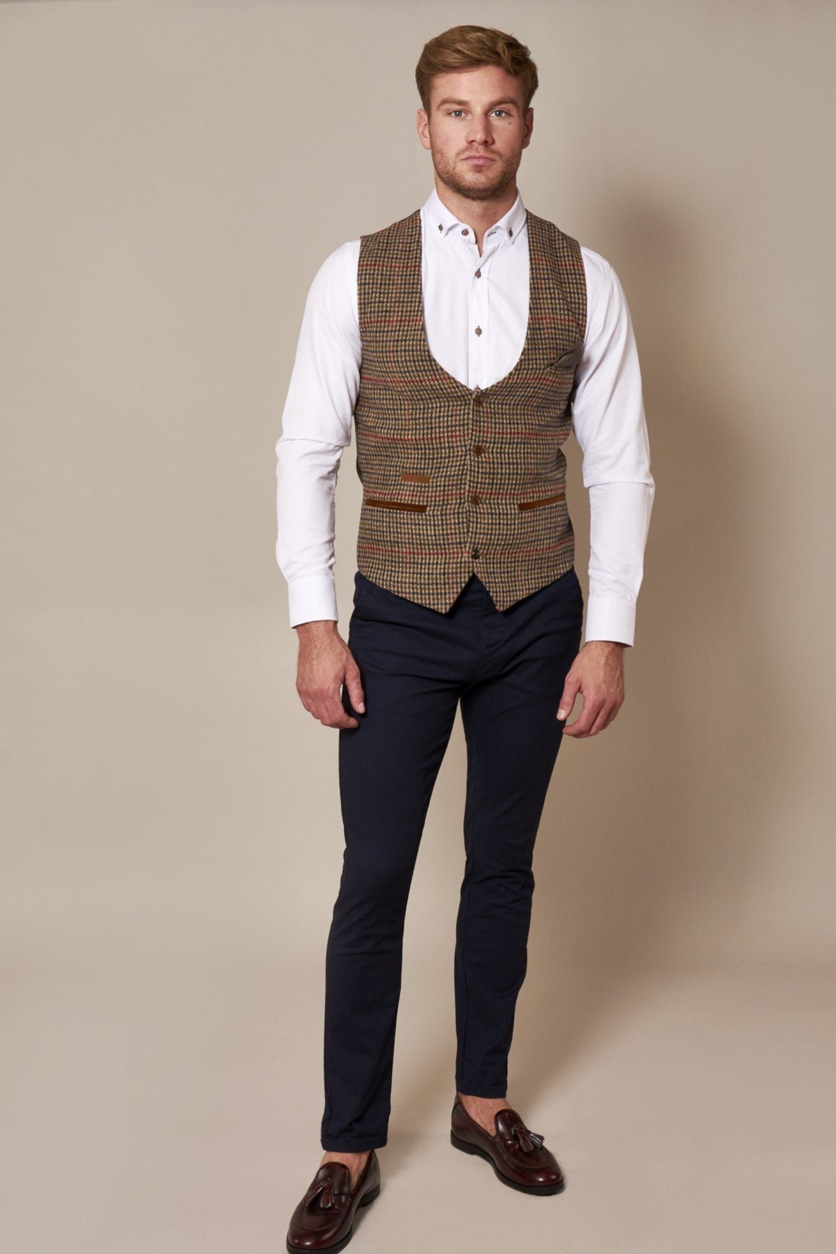 MARC DARCY Edward Olive Green Check Tweed Waistcoat Olive Green Check detail view