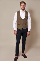 MARC DARCY Edward Olive Green Check Tweed Waistcoat Olive Green Check detail view