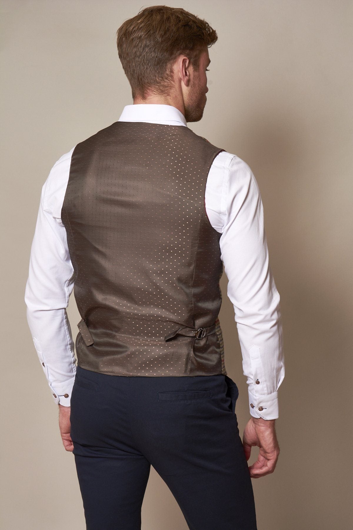 MARC DARCY Edward Olive Green Check Tweed Waistcoat Olive Green Check back view