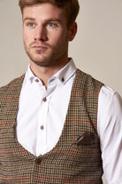MARC DARCY Edward Olive Green Check Tweed Waistcoat Olive Green Check model front view