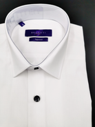 Angled view of the Benetti Preston white tuxedo shirt with black buttons