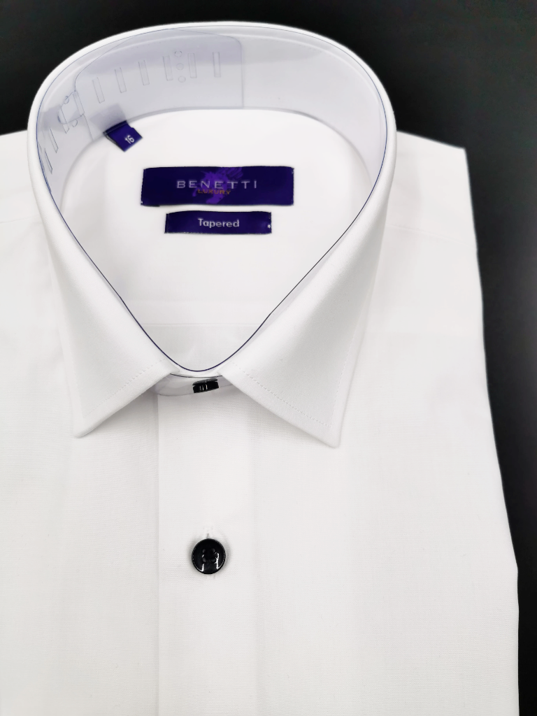 Angled view of the Benetti Preston white tuxedo shirt with black buttons