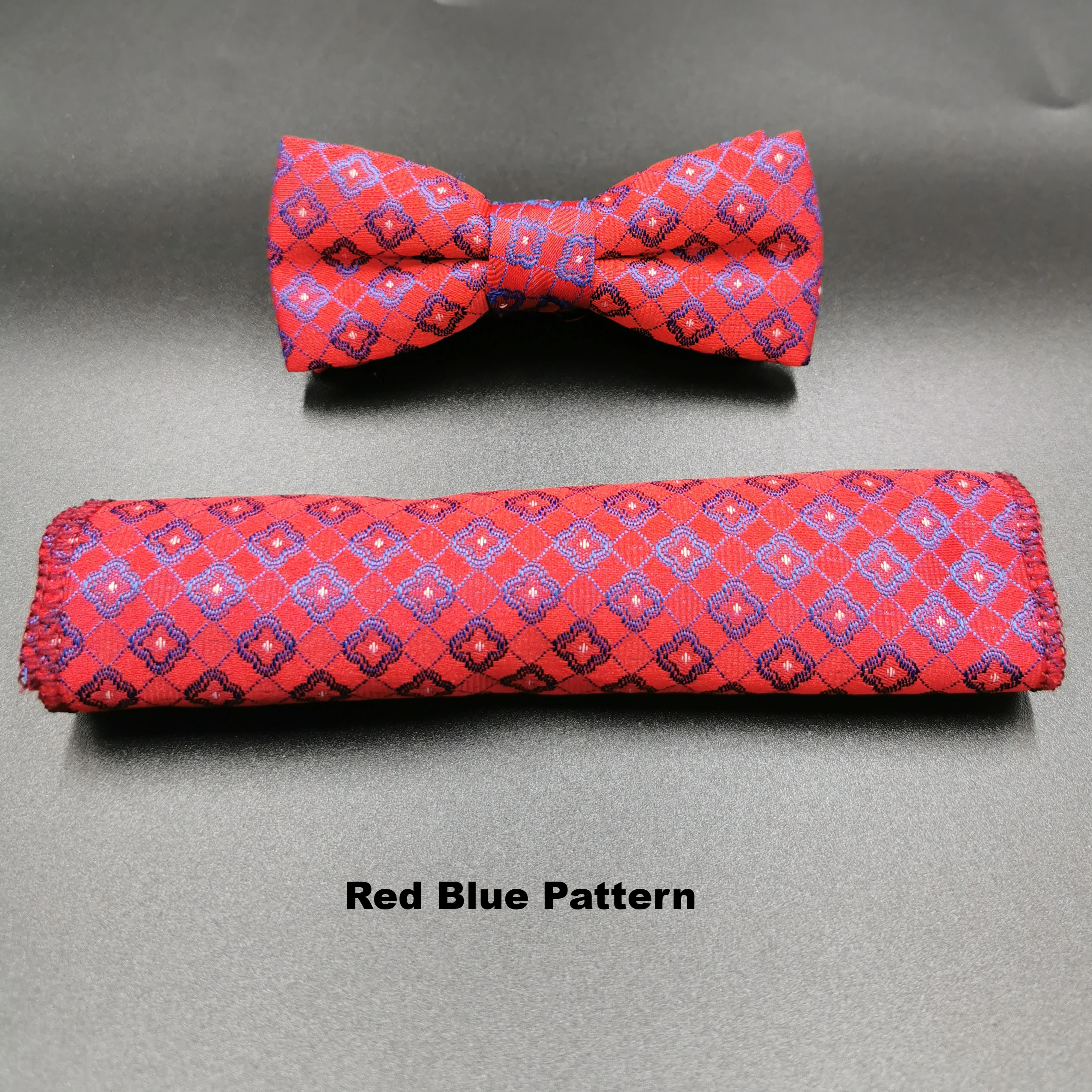 Benetti Boys Bow and Pocket Square -Red Blue Pattern