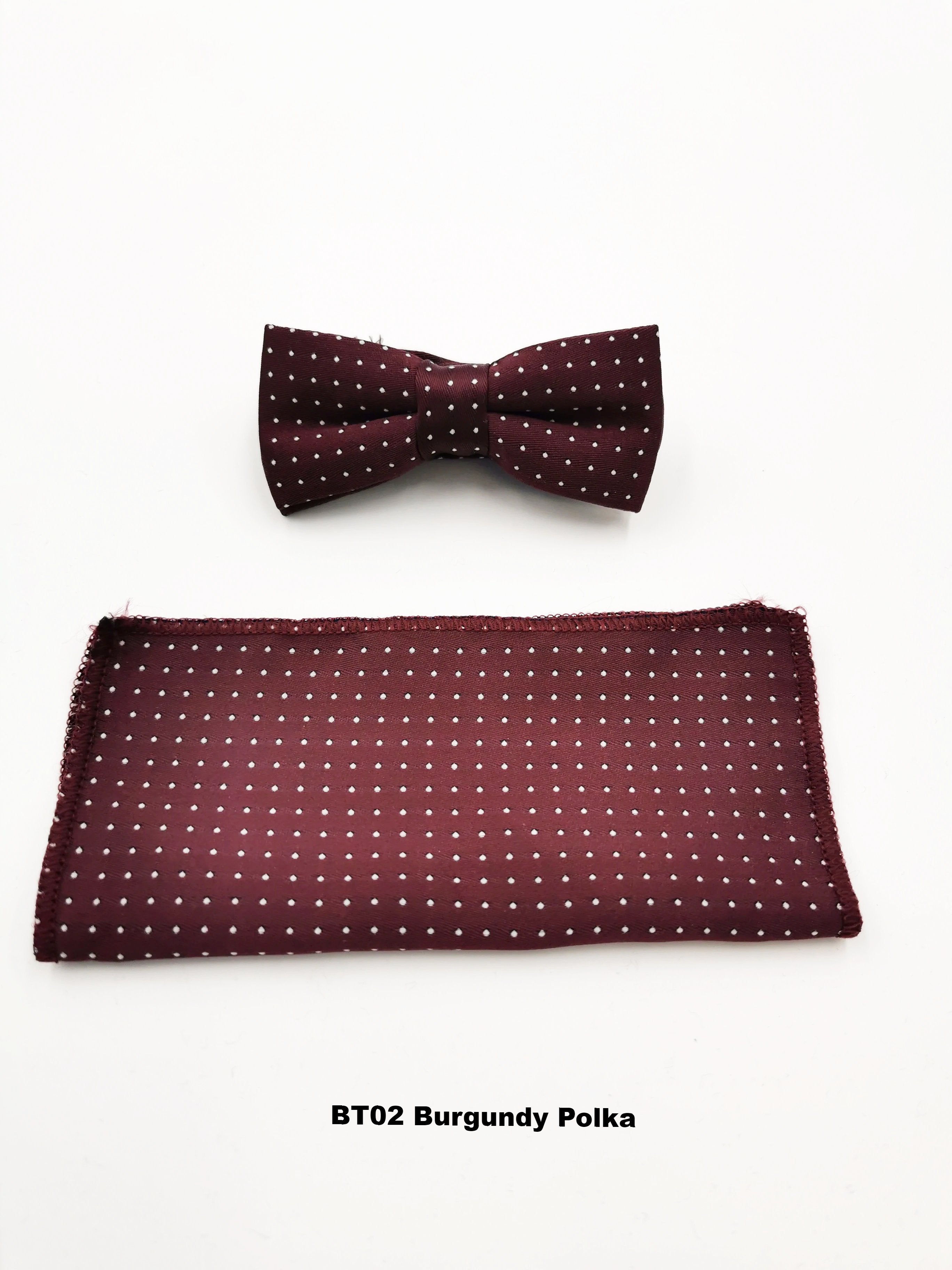 Boys burgundy polka bow tie and pocket square set