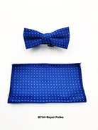 Boys royal blue polka bow tie and pocket square set