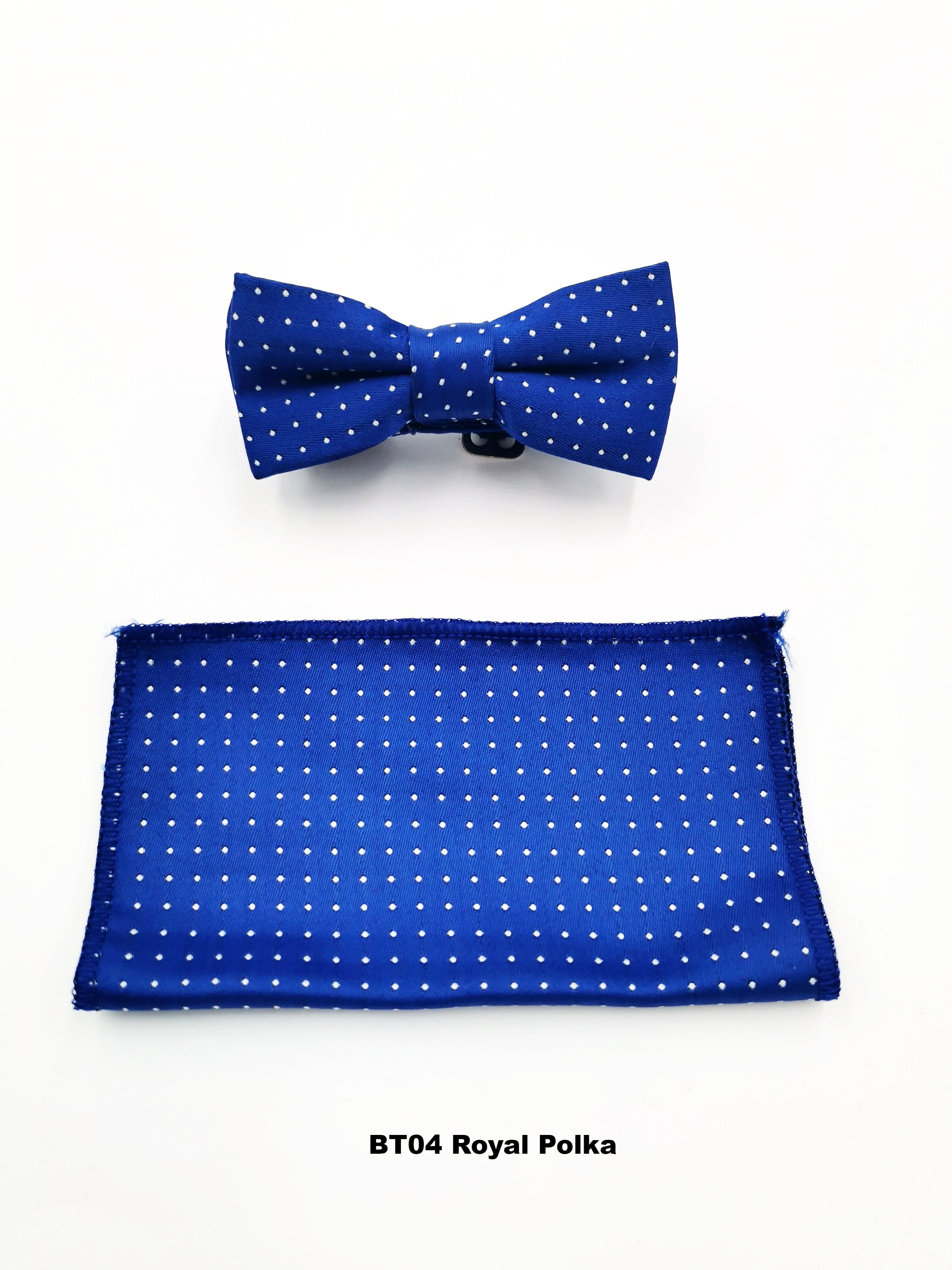 Boys royal blue polka bow tie and pocket square set