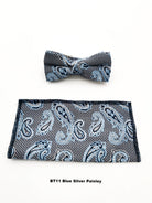 Boys blue silver paisley bow tie and pocket square set