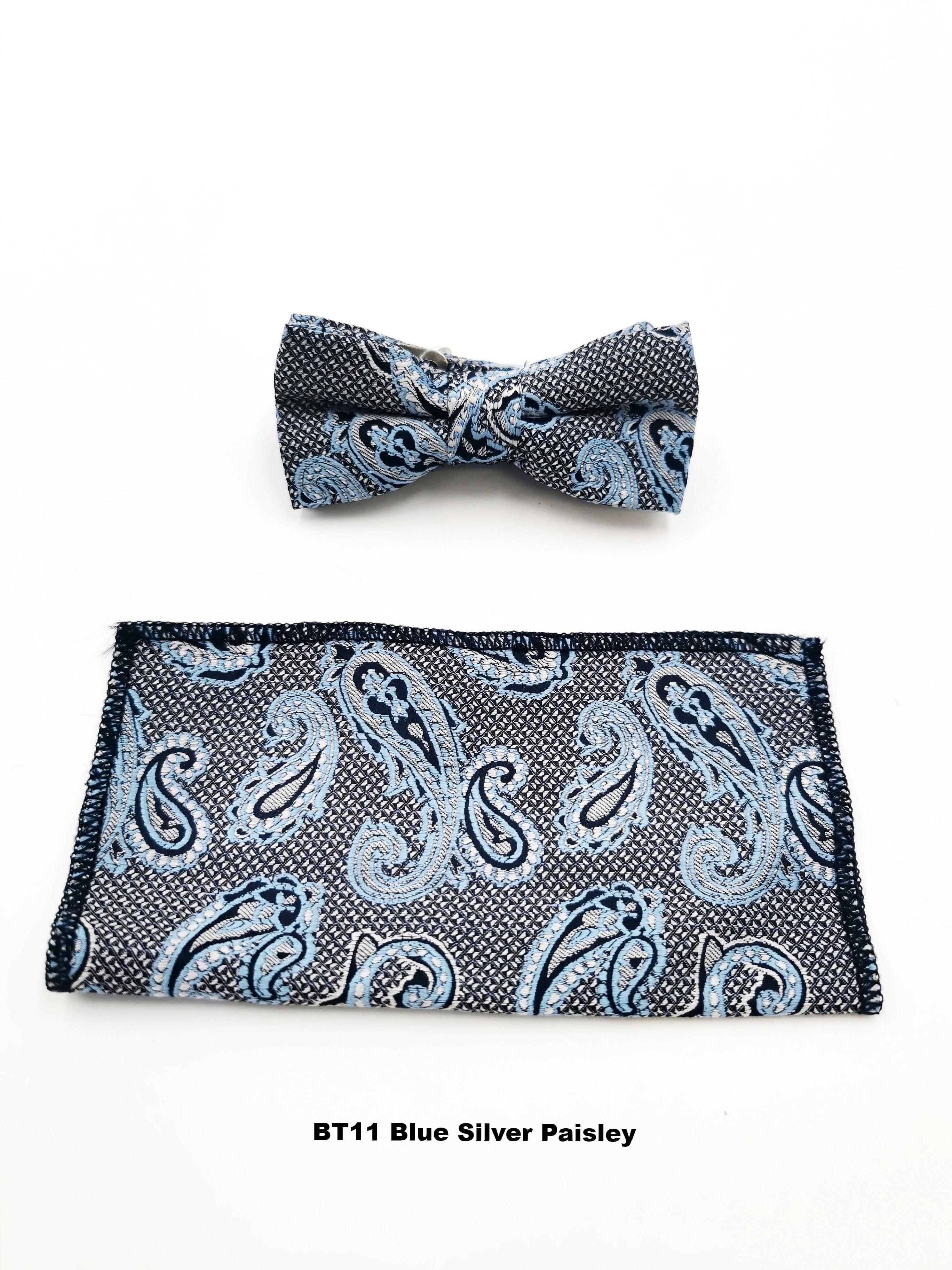 Boys blue silver paisley bow tie and pocket square set