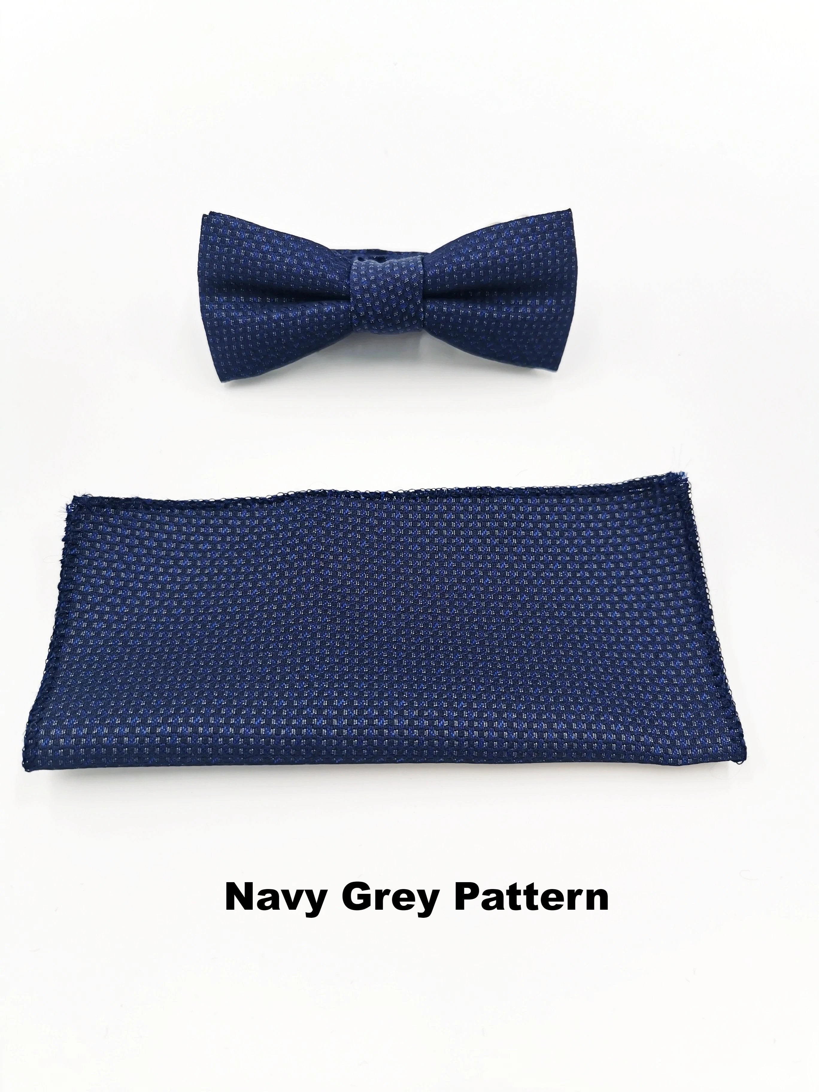 Benetti Boys Bow & Pocket Square -Navy Grey Pattern