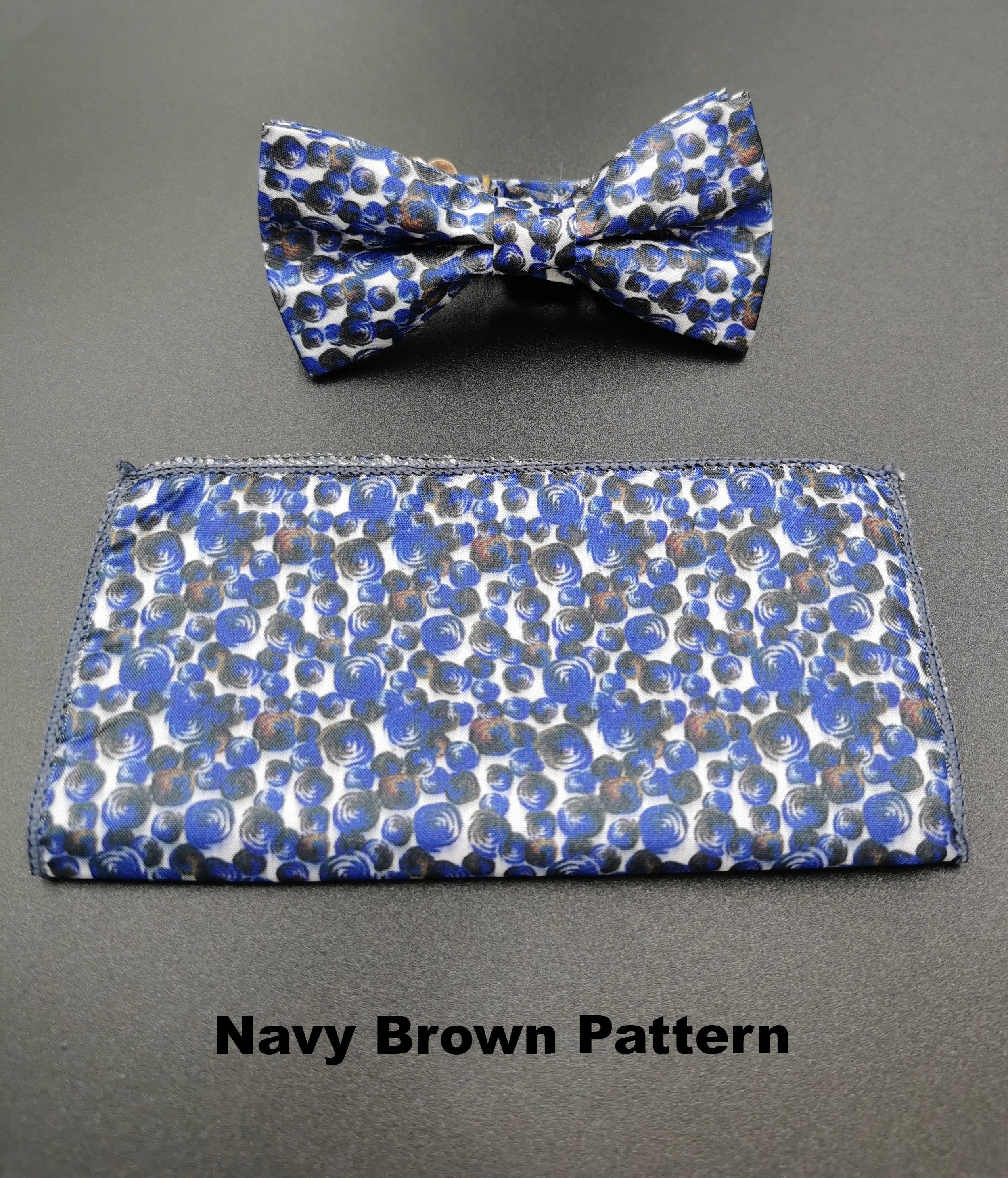 Benetti Boys Bow & Pocket Square-Navy Brown Pattern