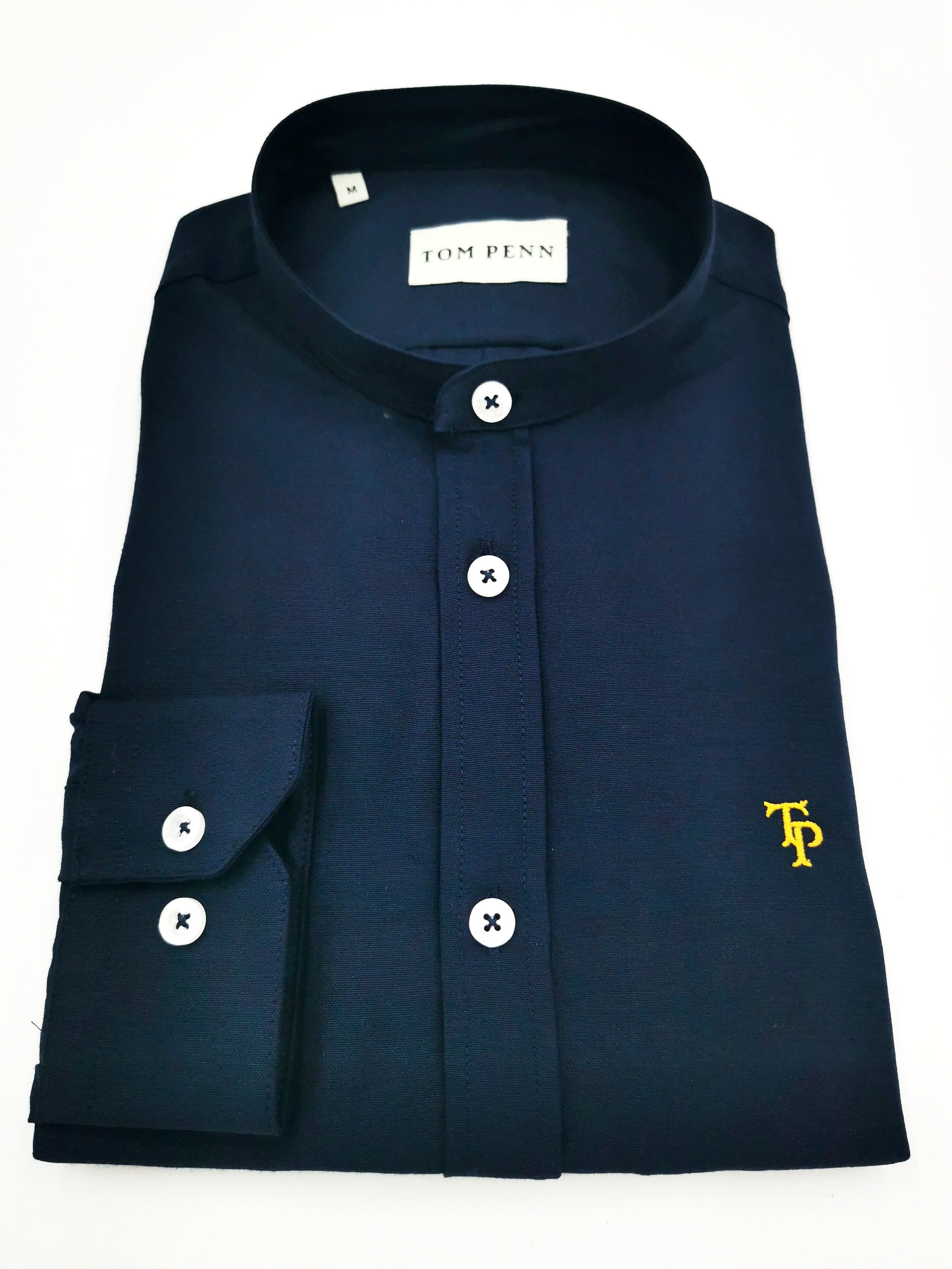 Navy Tom Penn grandfather collar shirt detail view