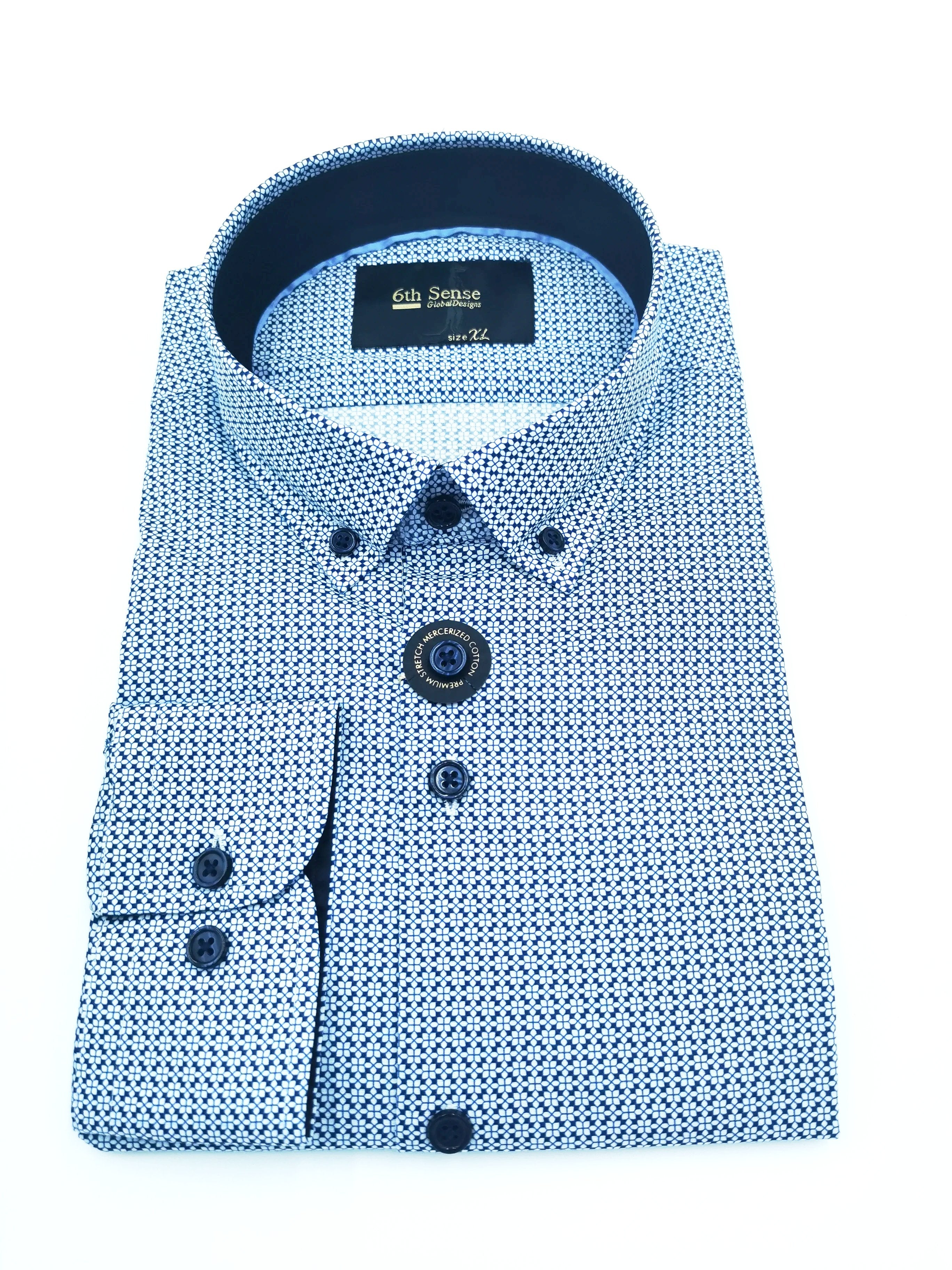 6th Sense Button Down White and Navy Pattern Shirt
