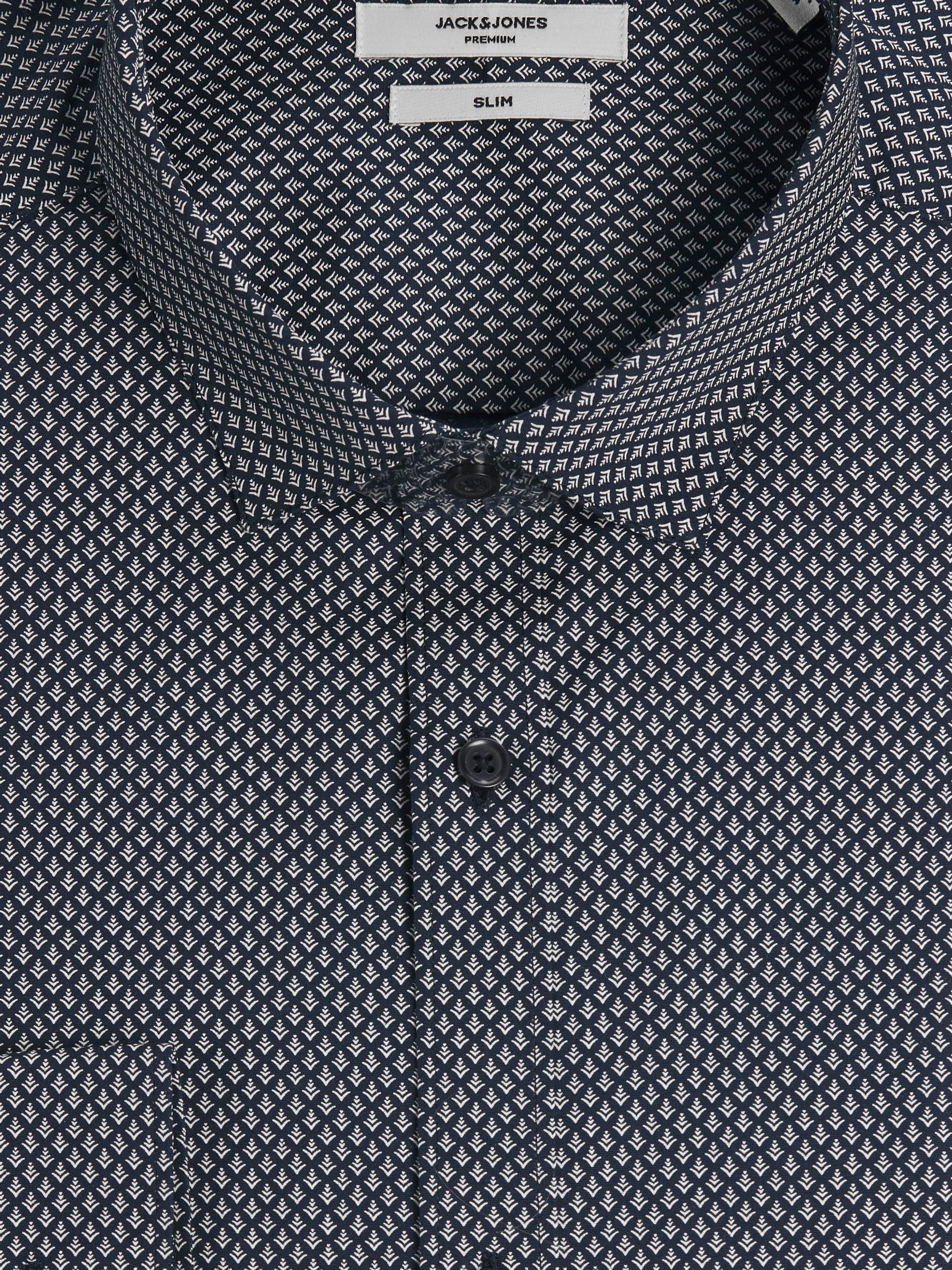 Men's Cardiff Print Shirt Long Sleeve Perfect Navy-Close Up of Collar