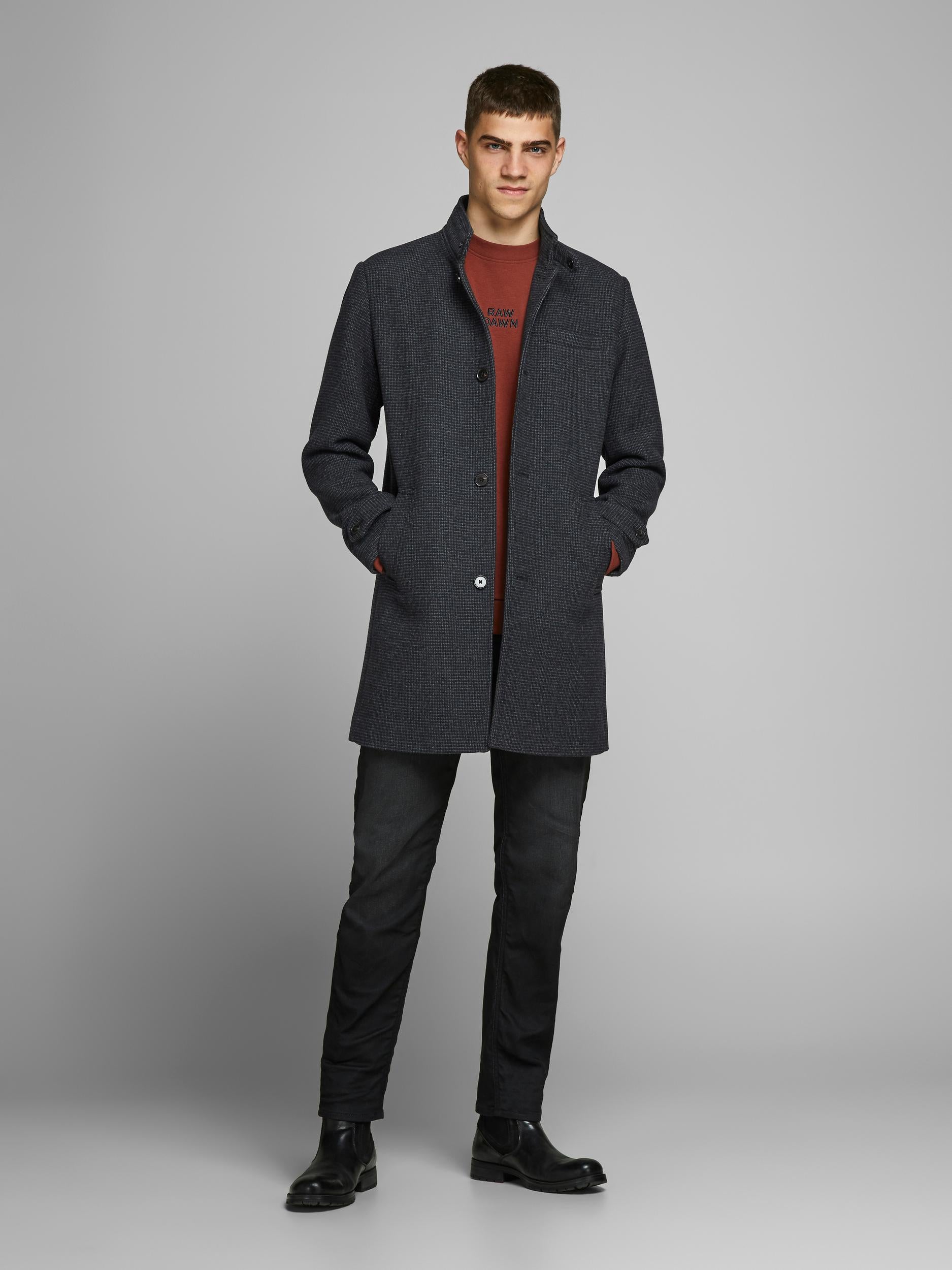Men's Blamelton Wool Coat Dark Grey-Model Full Front View