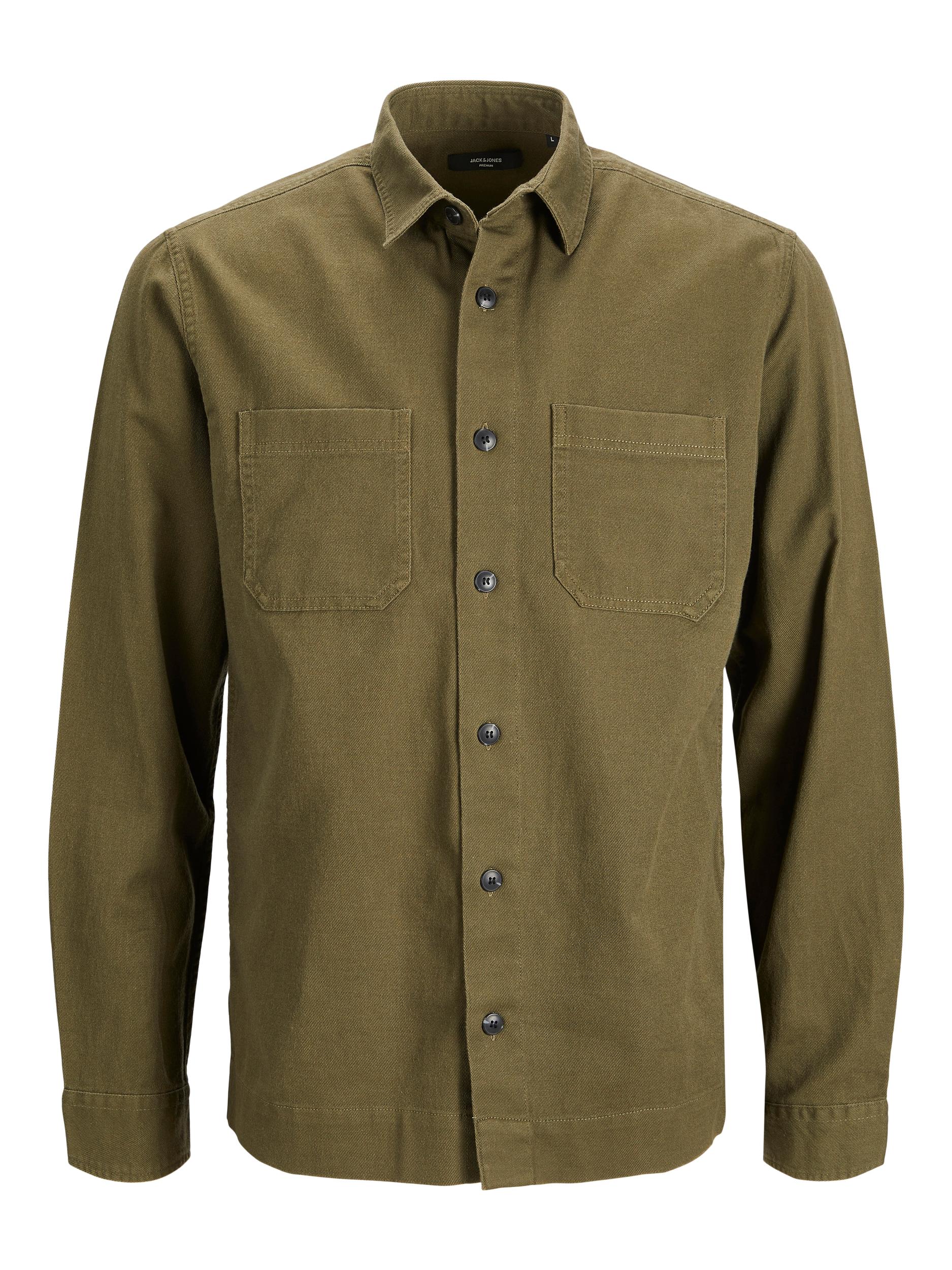 Logan Linen Overshirt L/S Olive Night - Front View