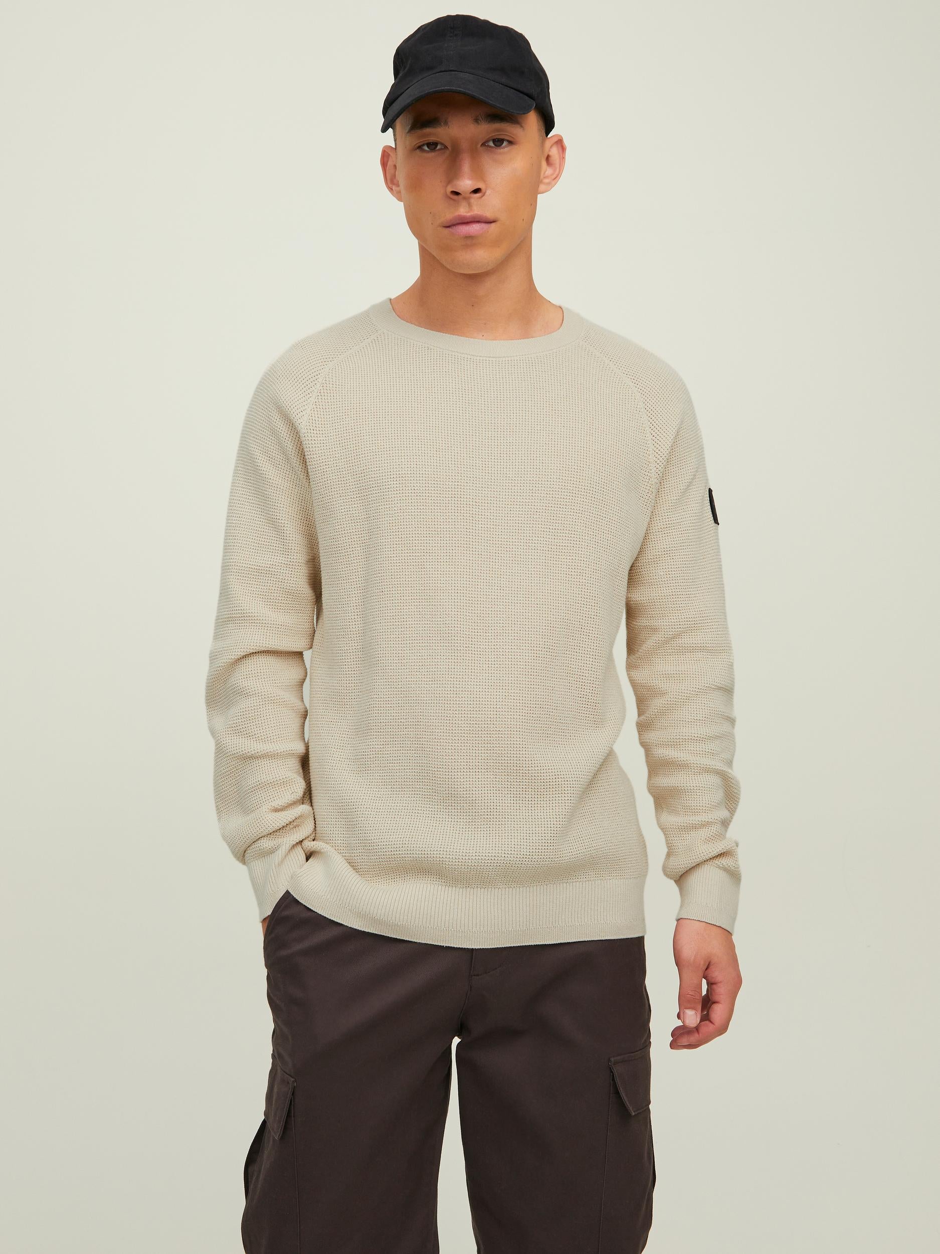Men's Classic Waffle Knit Crew Neck Moonbeam-Front View