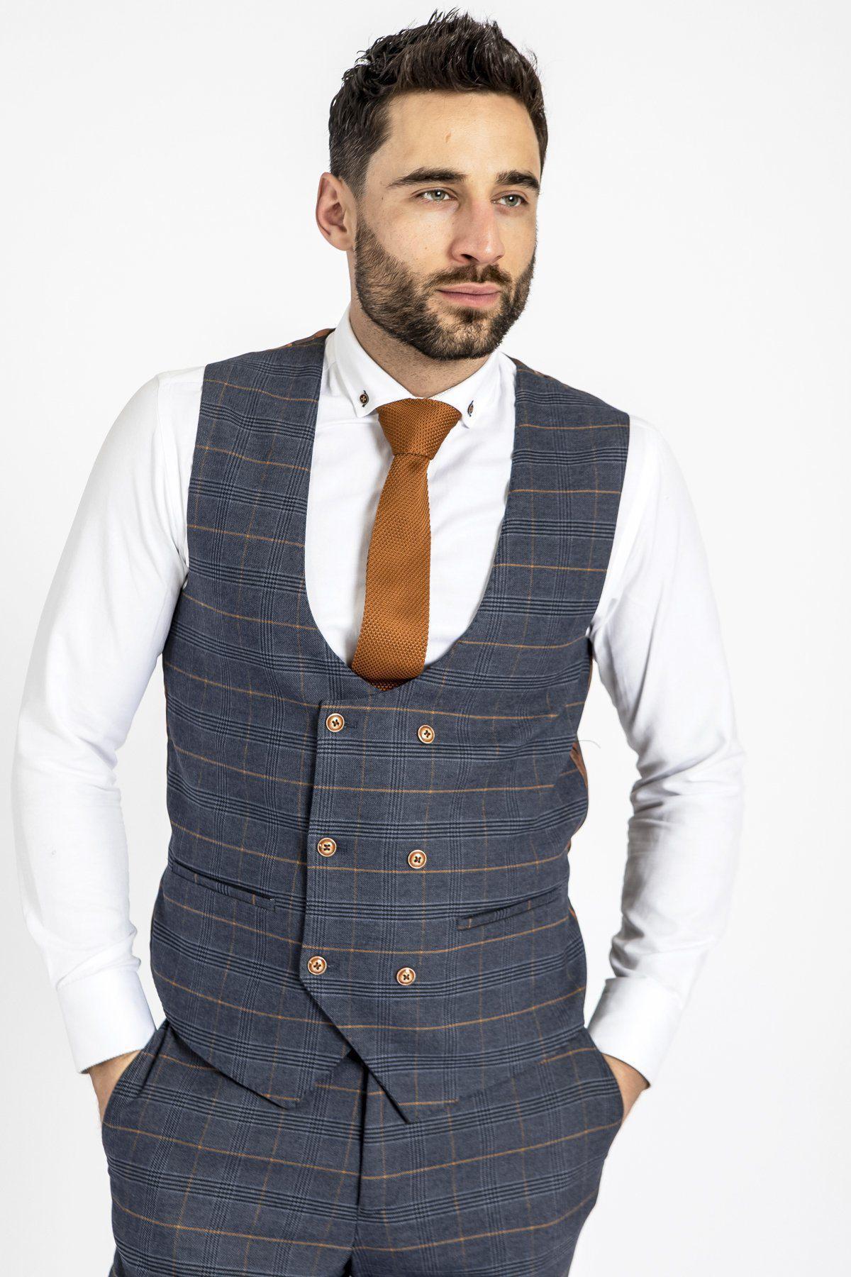 MARC DARCY Jenson Marine Check DB Waistcoat Marine front view