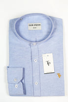 Blue Tom Penn grandfather collar shirt front view
