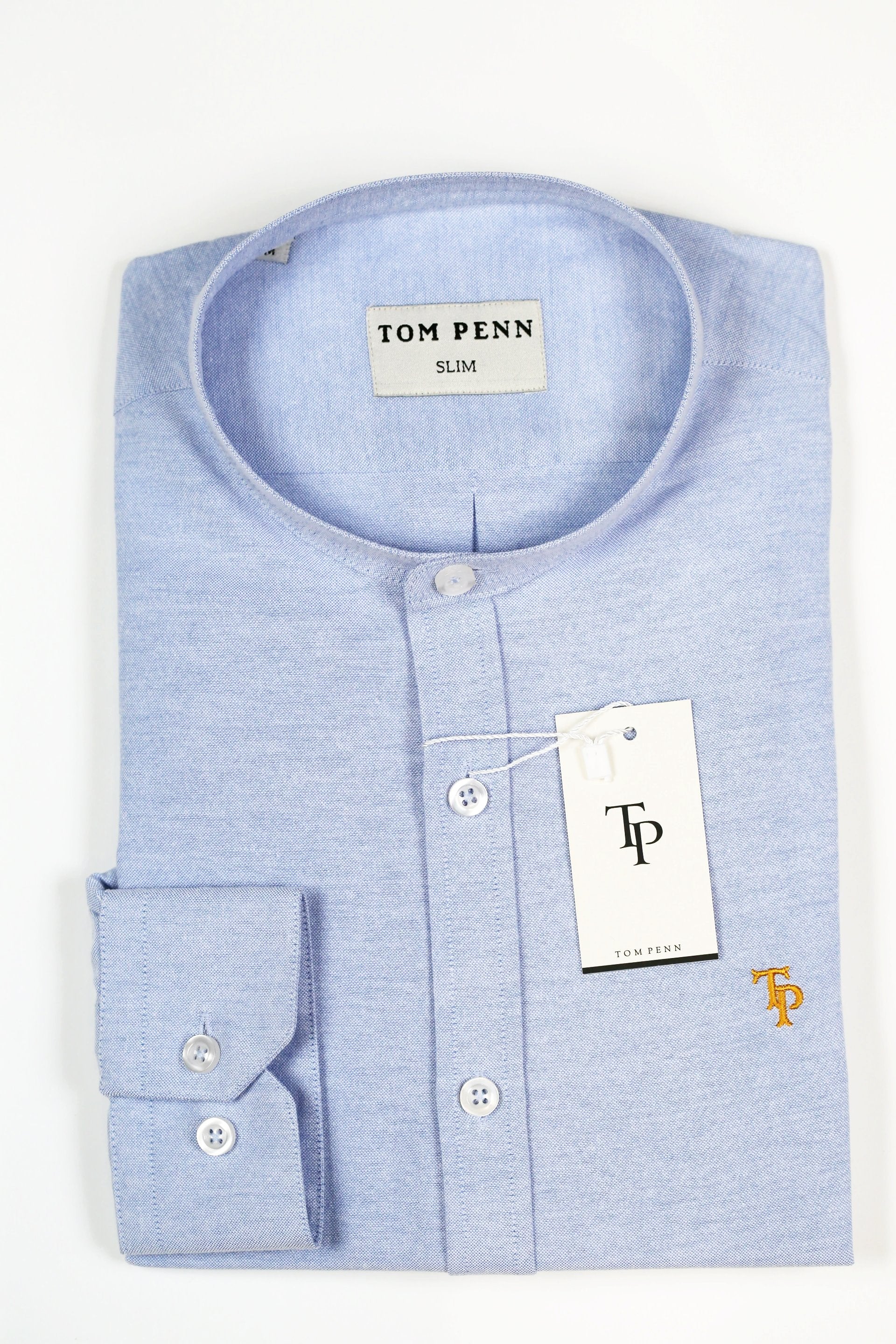 Blue Tom Penn grandfather collar shirt front view