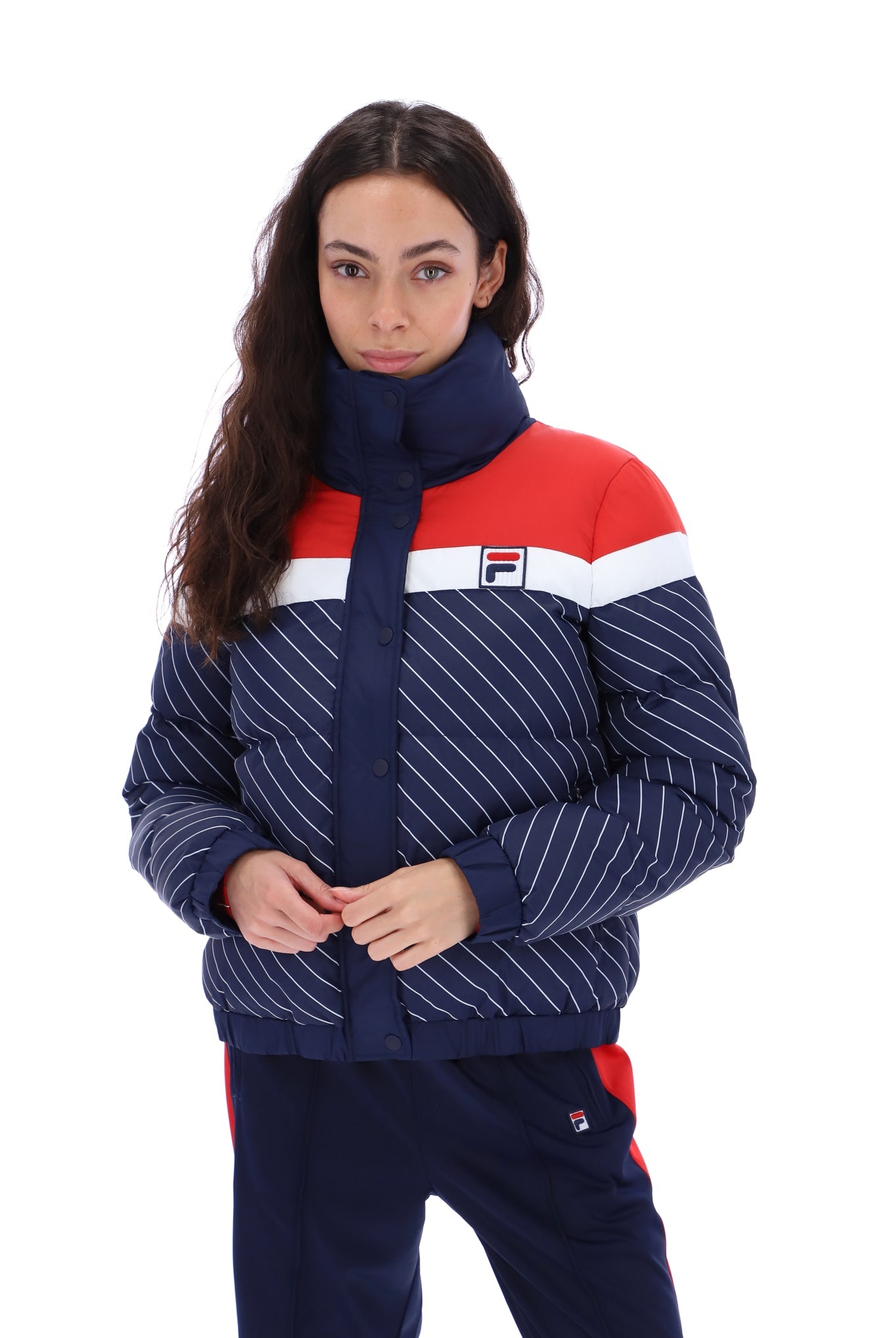 Ladies Lottie Puffa Jacket Navy/White/Red-Front View