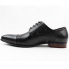 Side view of Morgan and Co black lace-up toe cap shoe