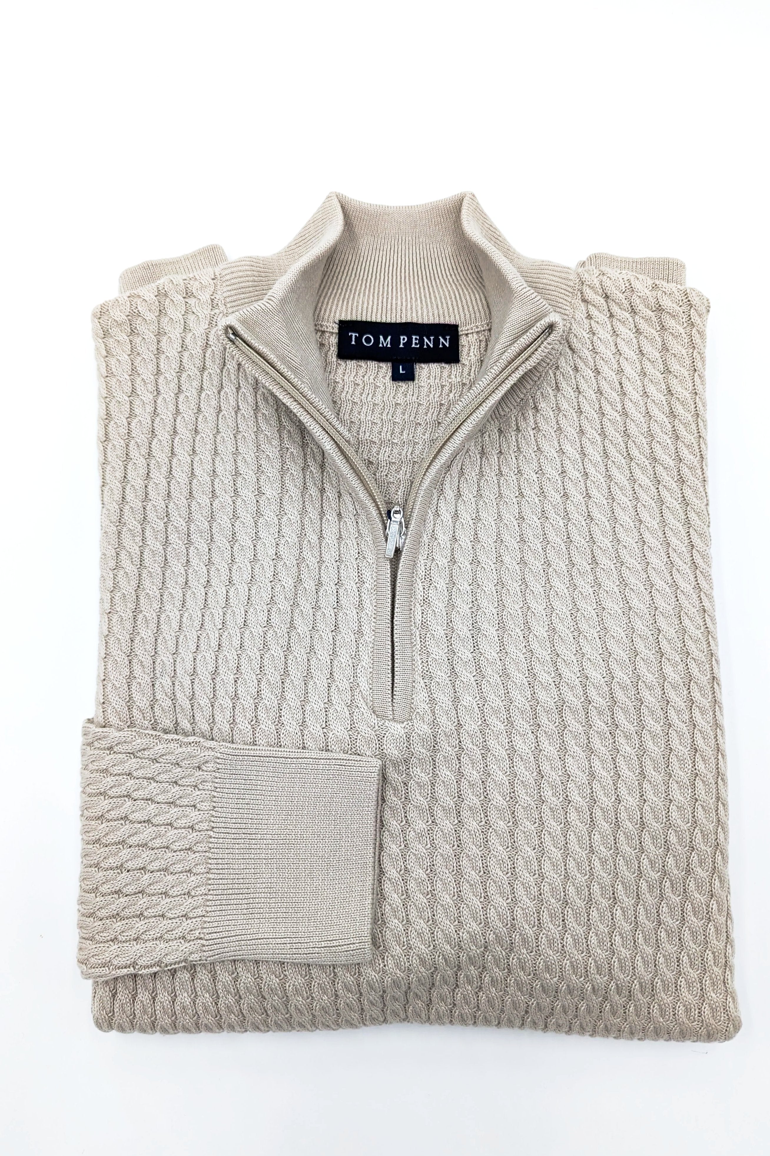 Men's 1/2 zip cable knit design tailored Fit oatmeal long sleeve jumper by Tom Penn.