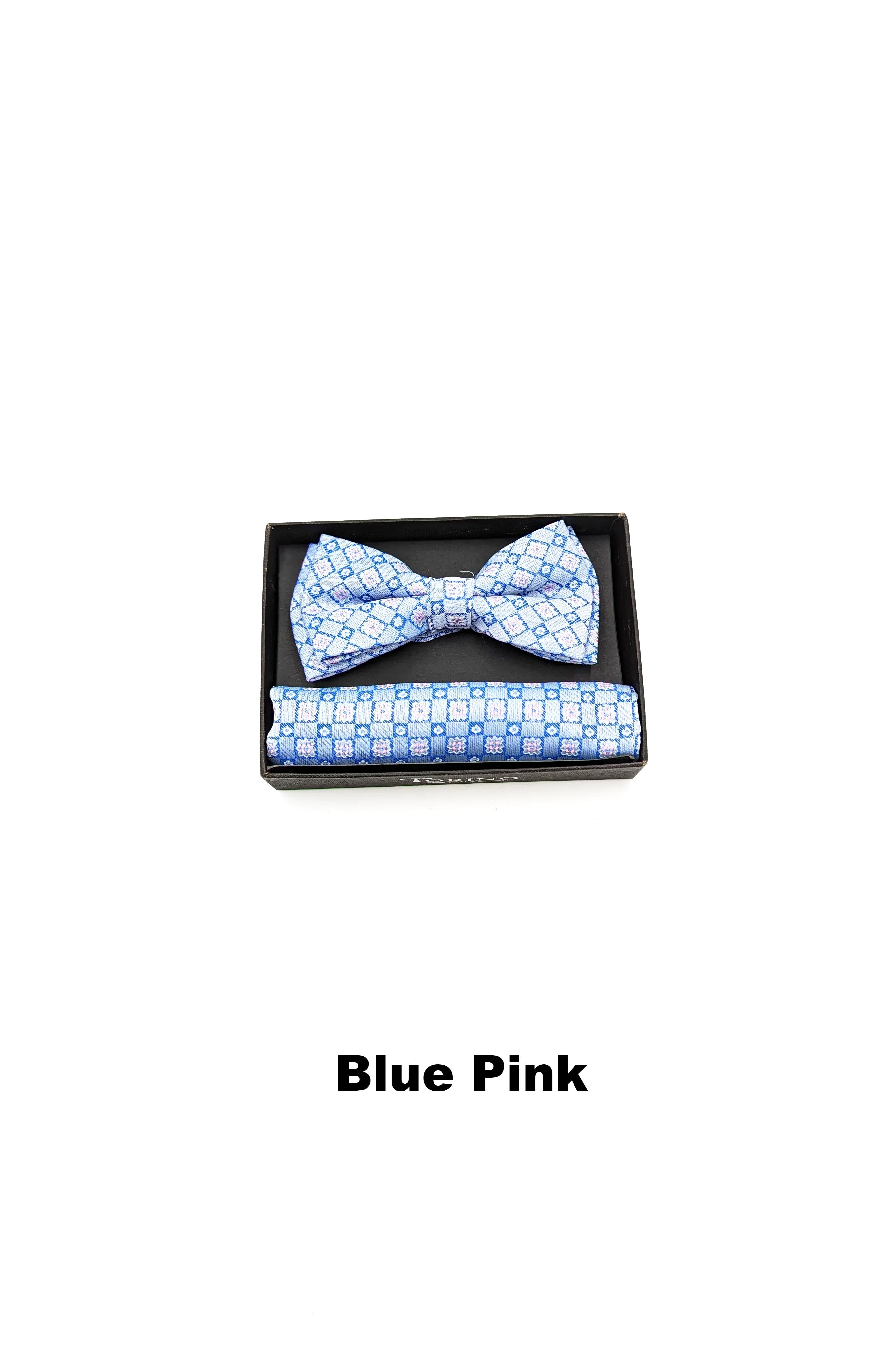 Textured Mens Blue Pink Bow and Pocket Square