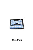 Textured mens blue pink bow tie and pocket square