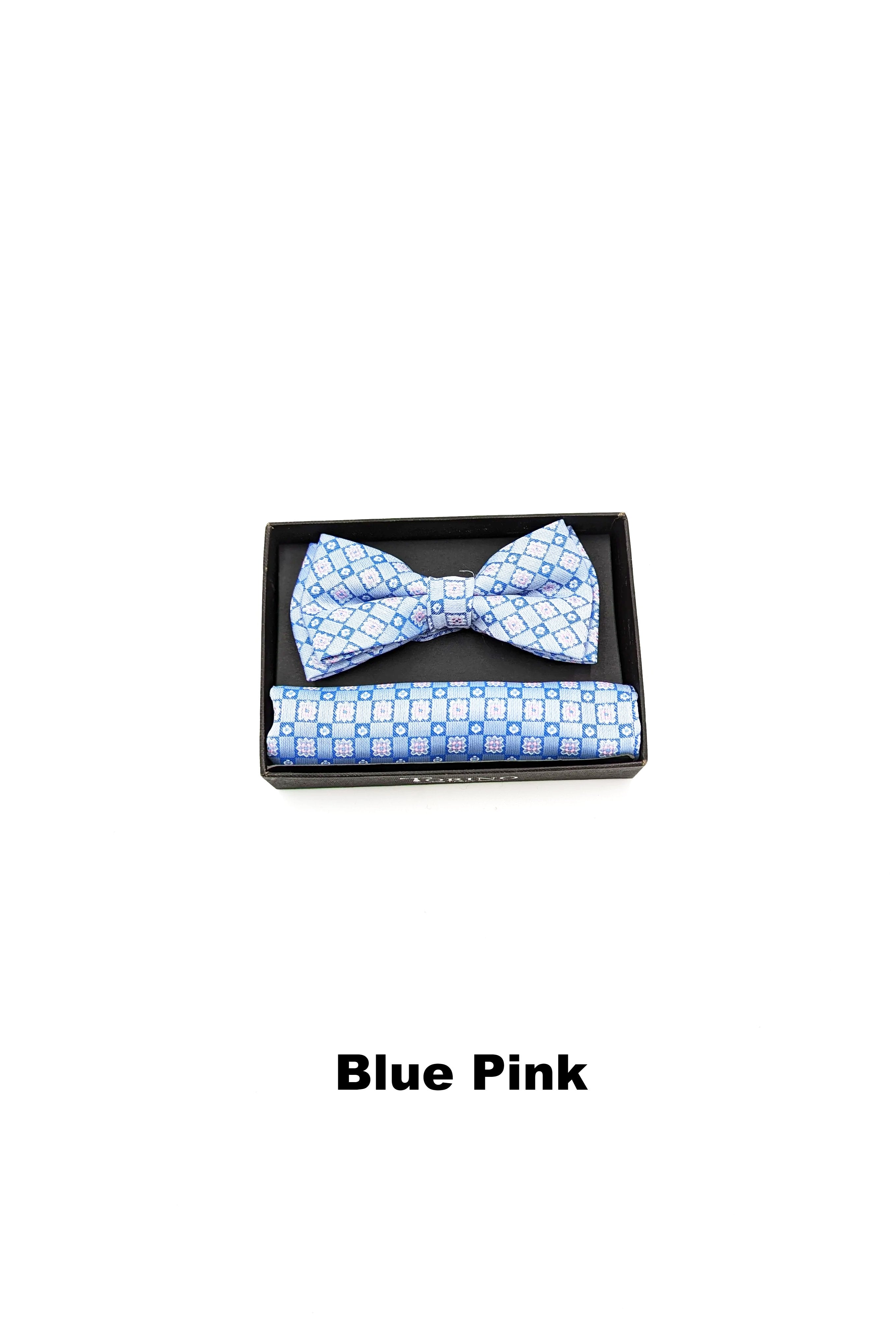 Textured mens blue pink bow tie and pocket square