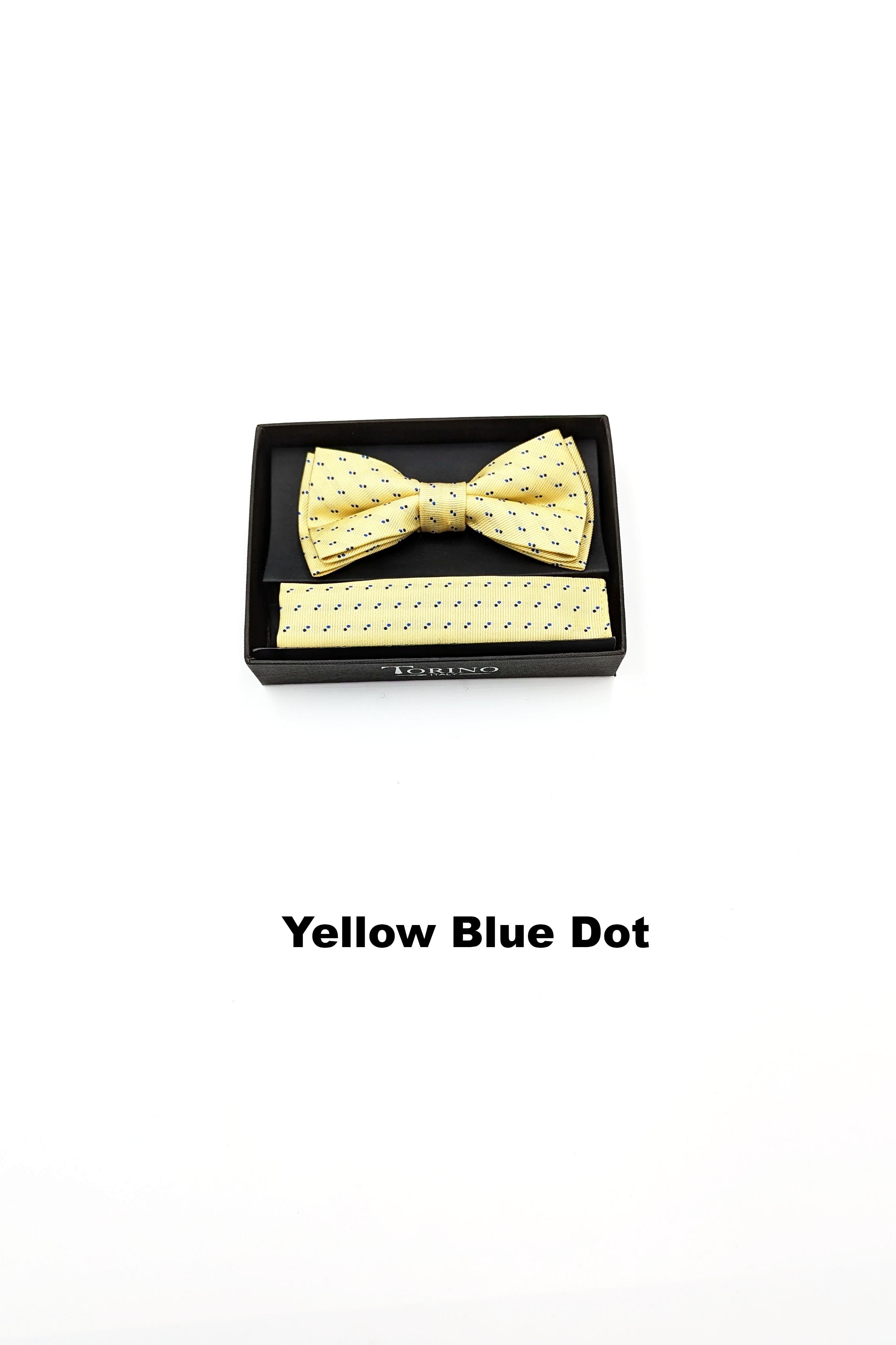 Textured mens yellow blue dot bow tie and pocket square