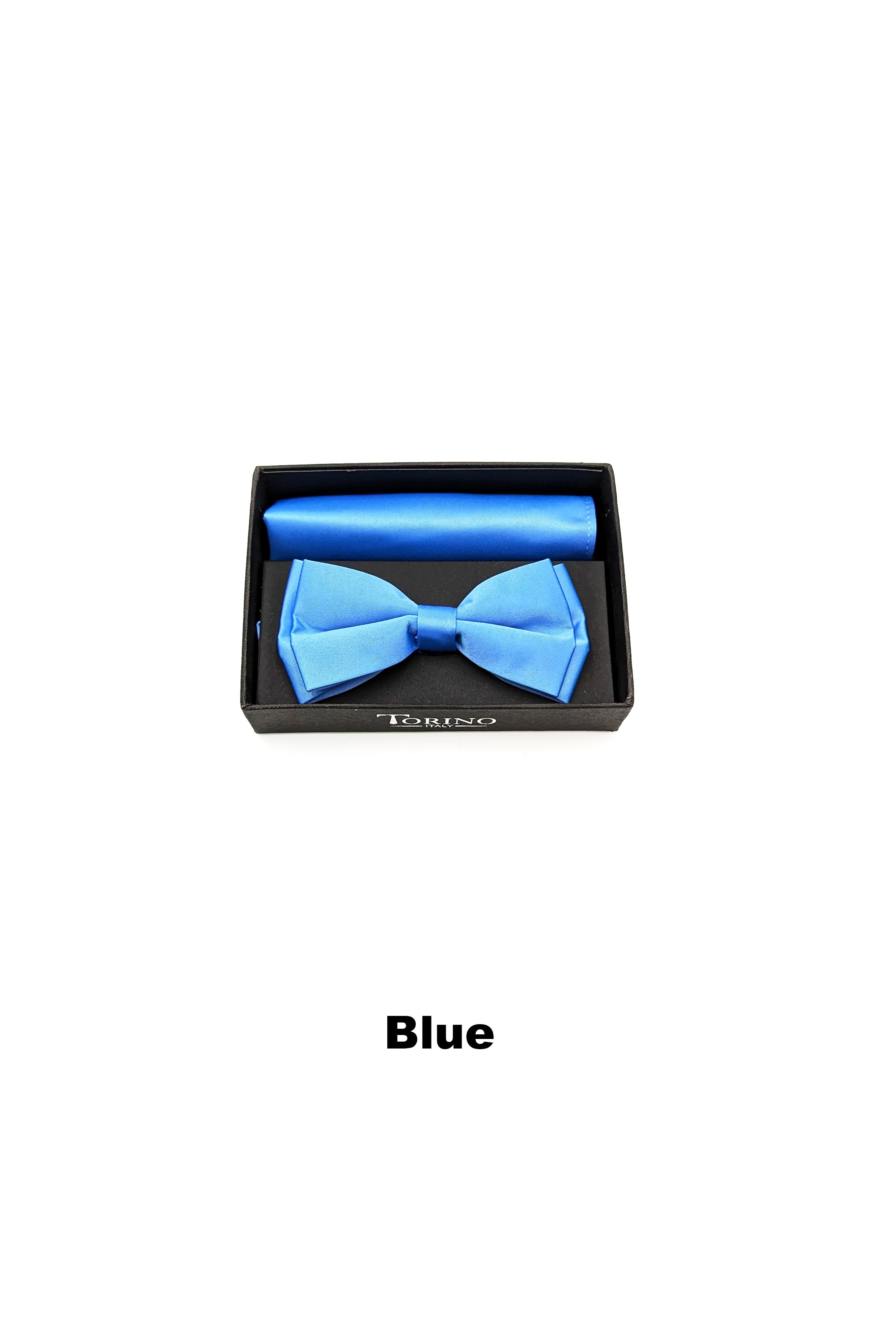 Satin Mens Blue Bow and Pocket Square