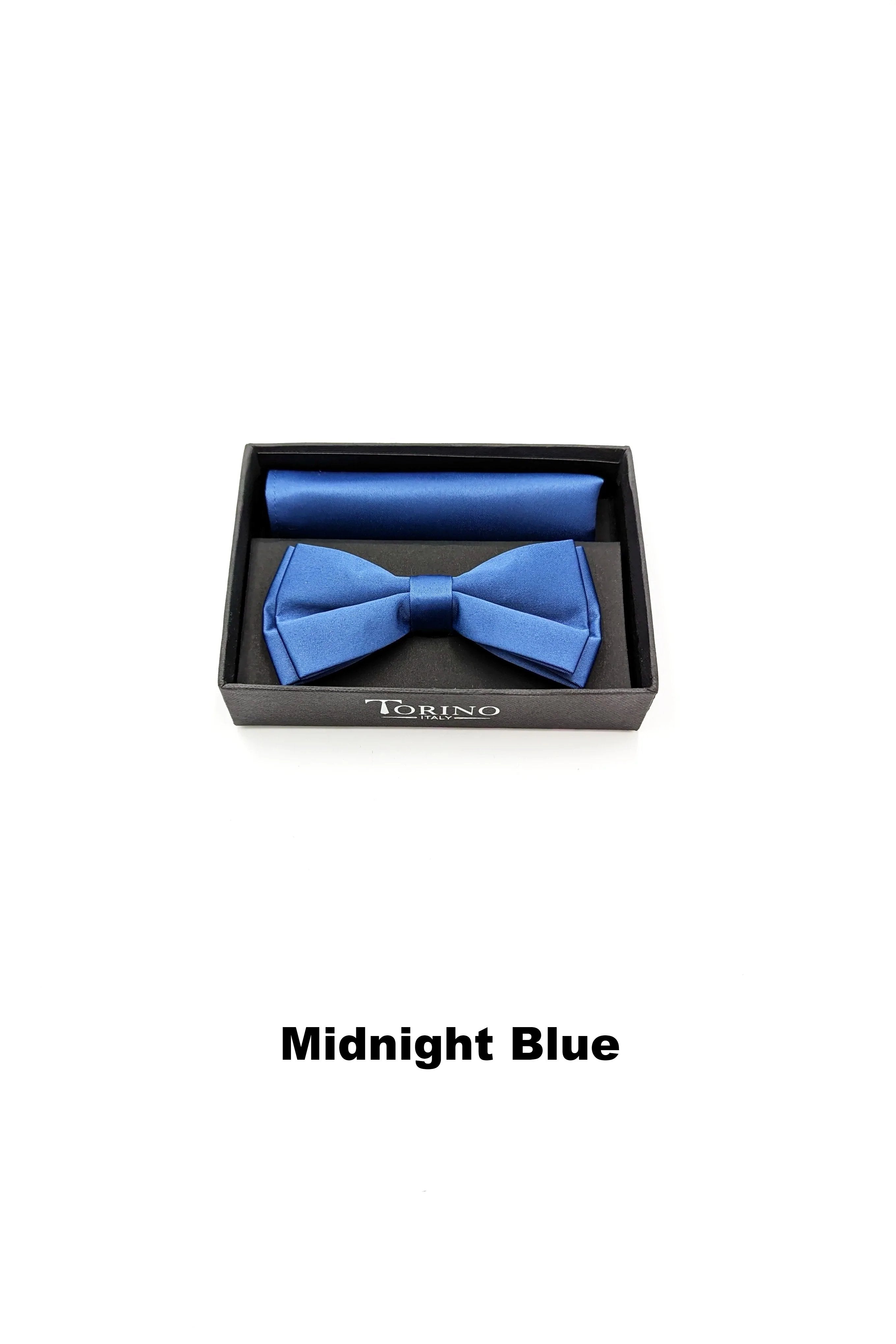 TORINO Satin Mens Bow and Pocket Square Aqua Blue model front view