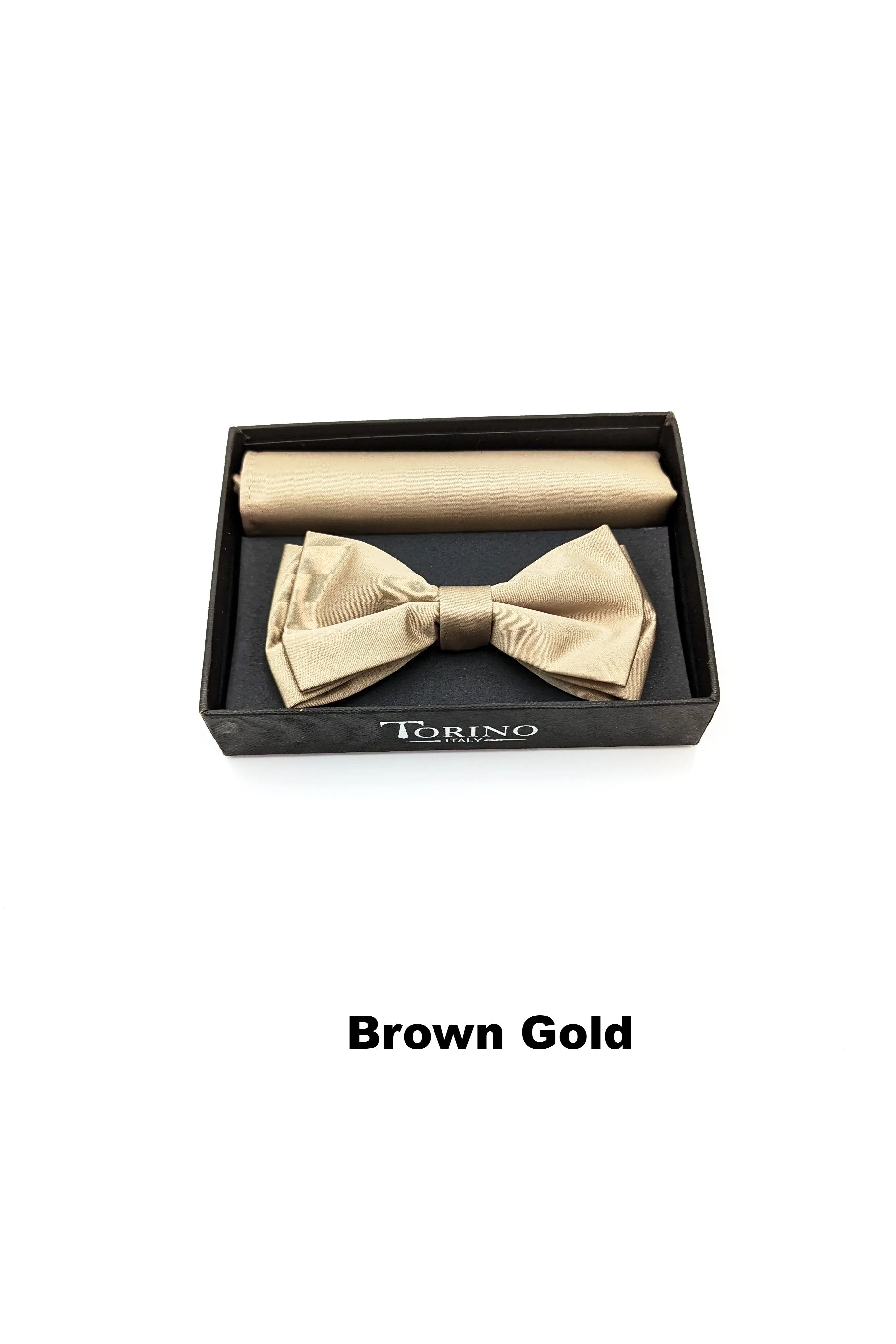 Satin Mens Brown Gold Bow and Pocket Square
