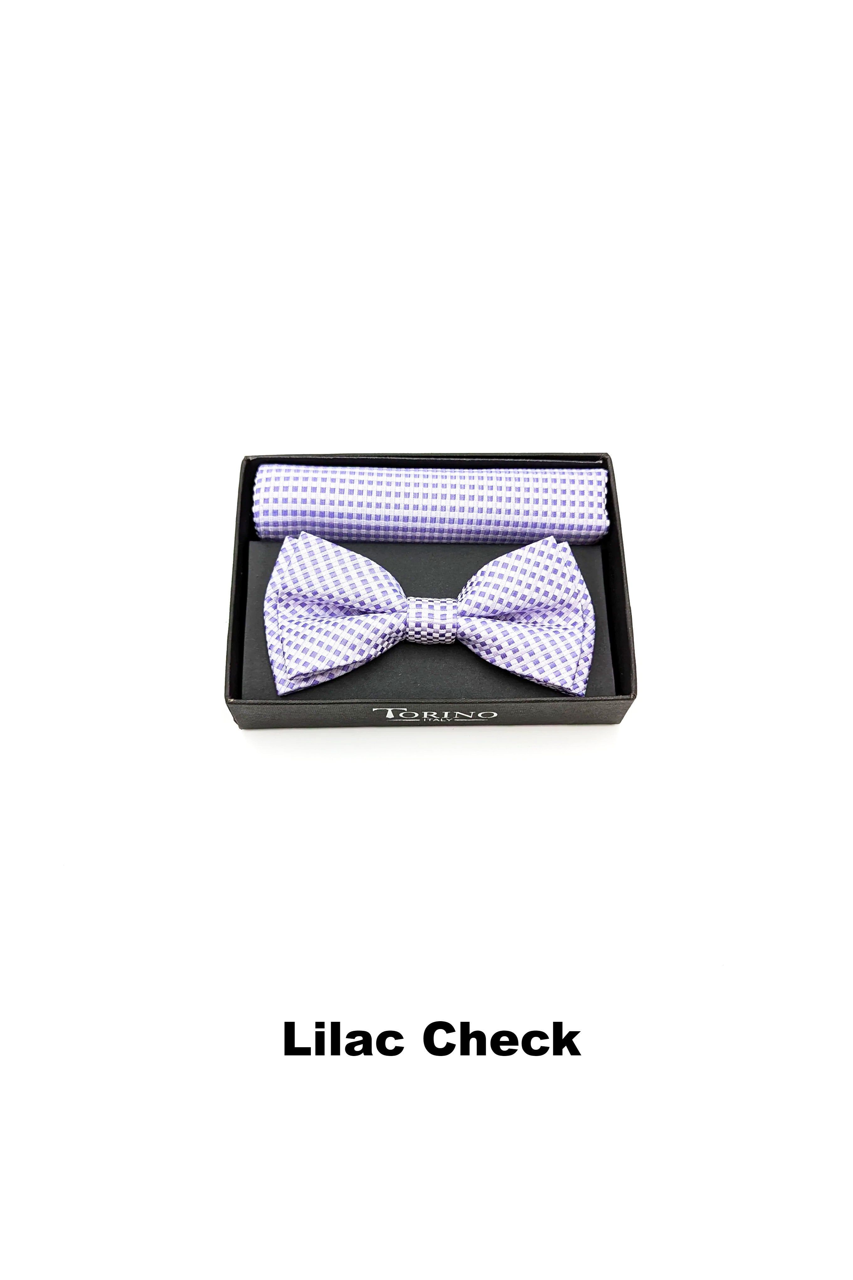 Textured Mens Lilac Check Bow and Pocket Square