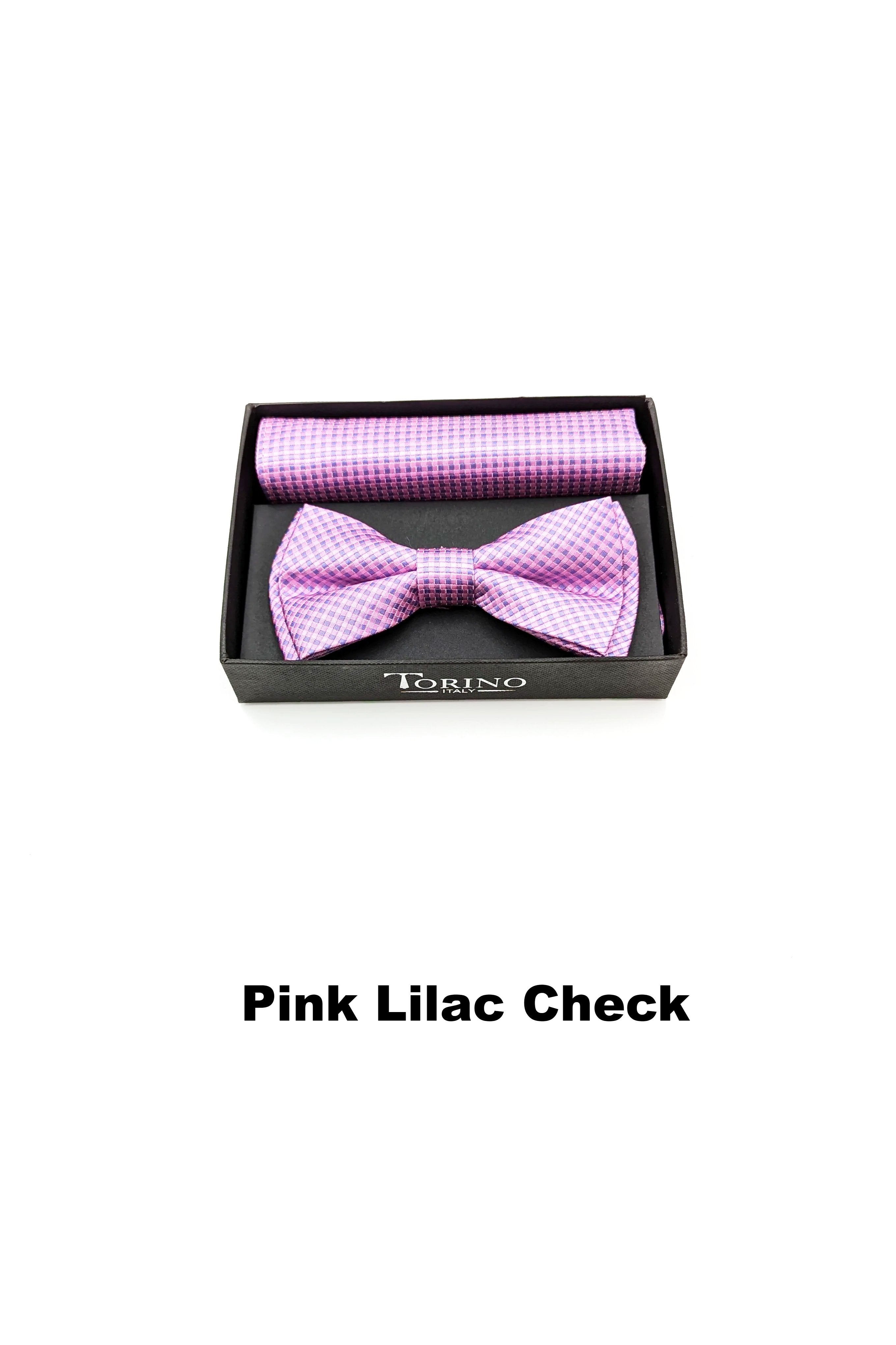 Textured Mens Pink Lilac Check Bow and Pocket Square