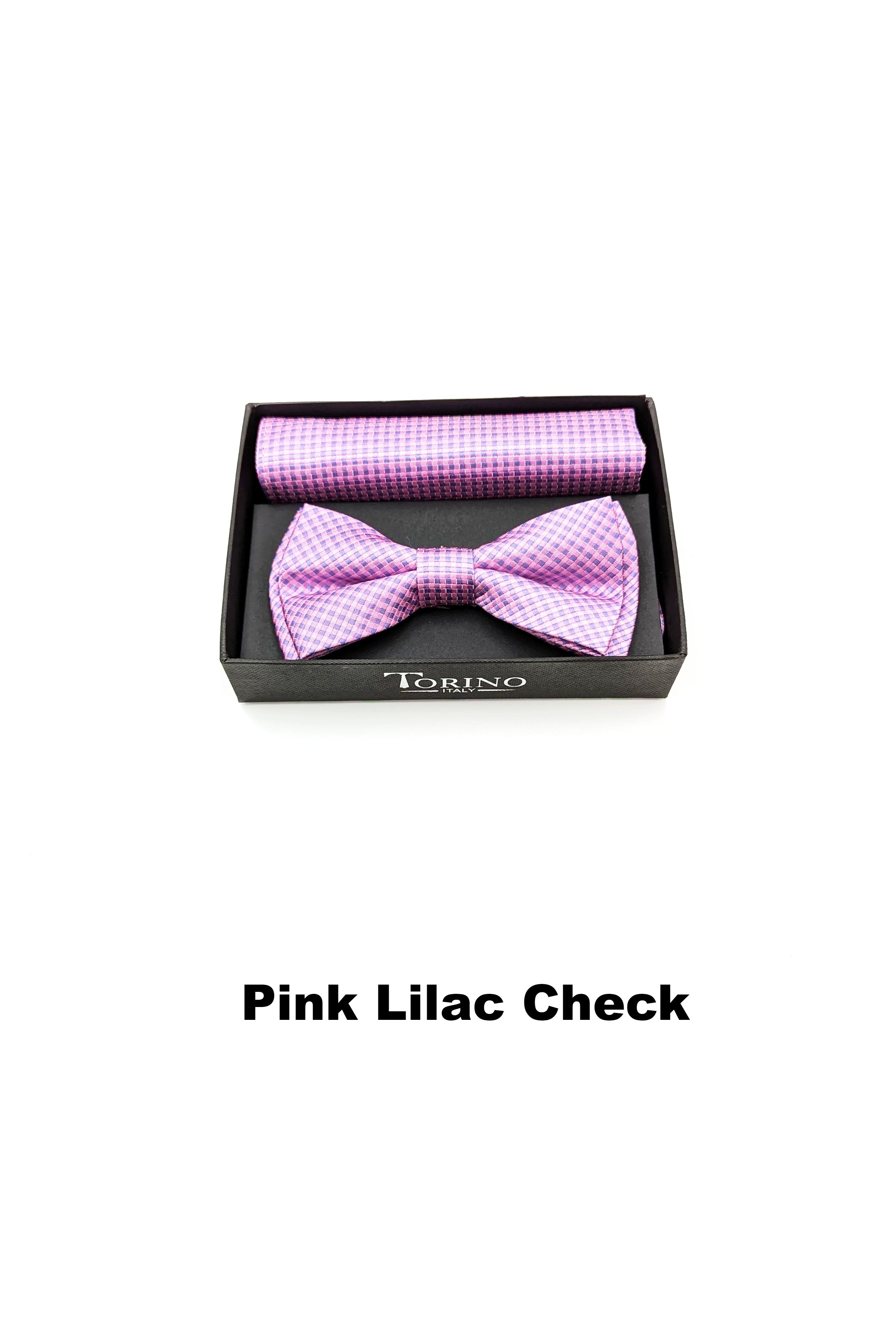 Textured mens pink lilac check bow and pocket square